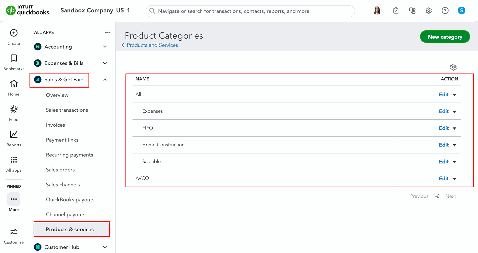 Product categories displayed in QuickBooks.