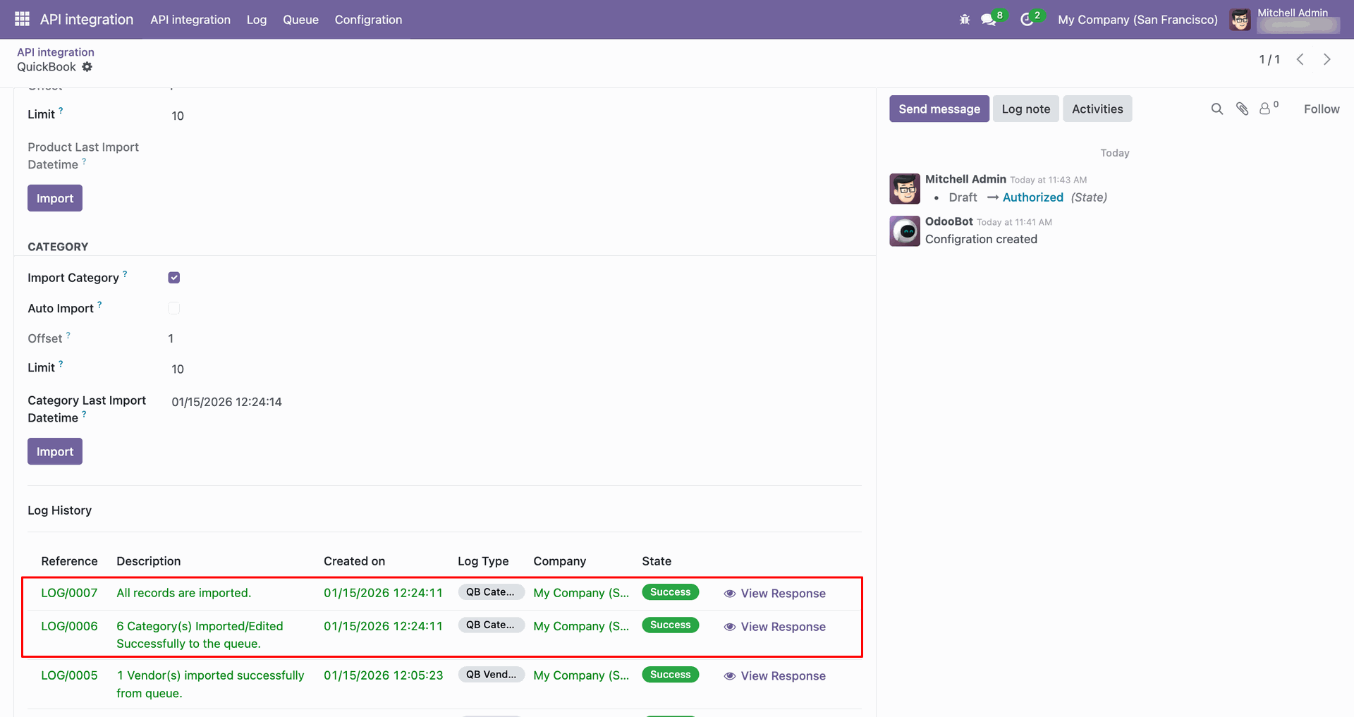 Product category synchronization log showing imported data.
