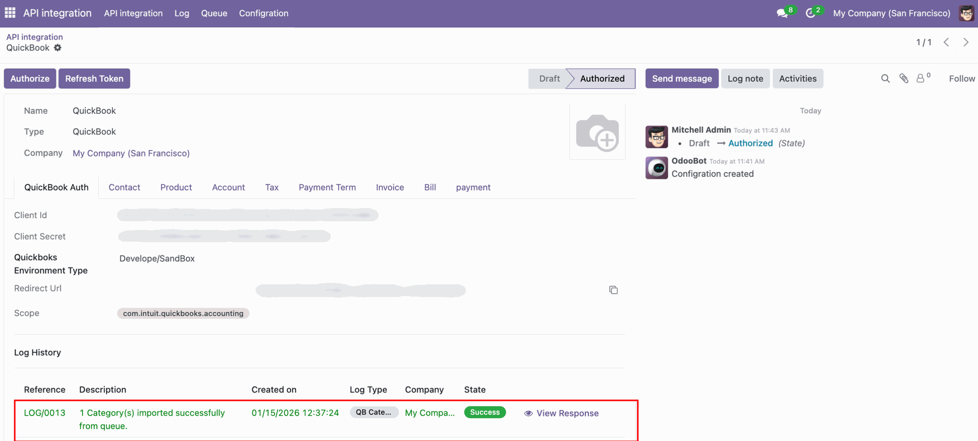 Category synchronization log showing successful import details.