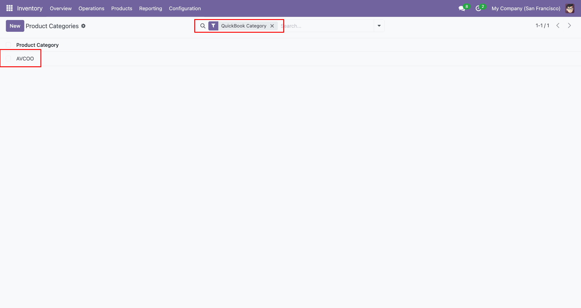 Product category filtered by QuickBooks category.