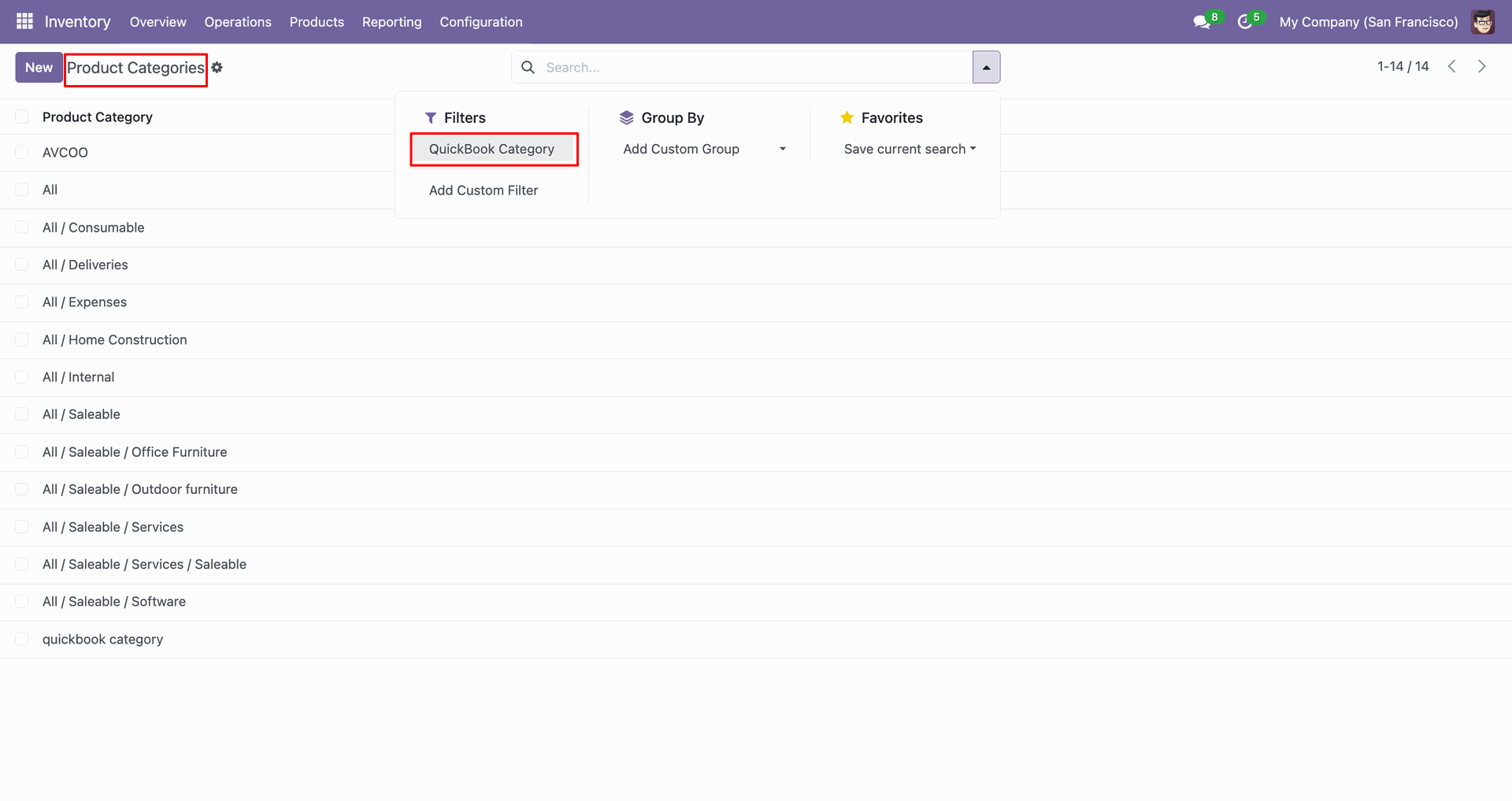 QuickBooks Category filter options.