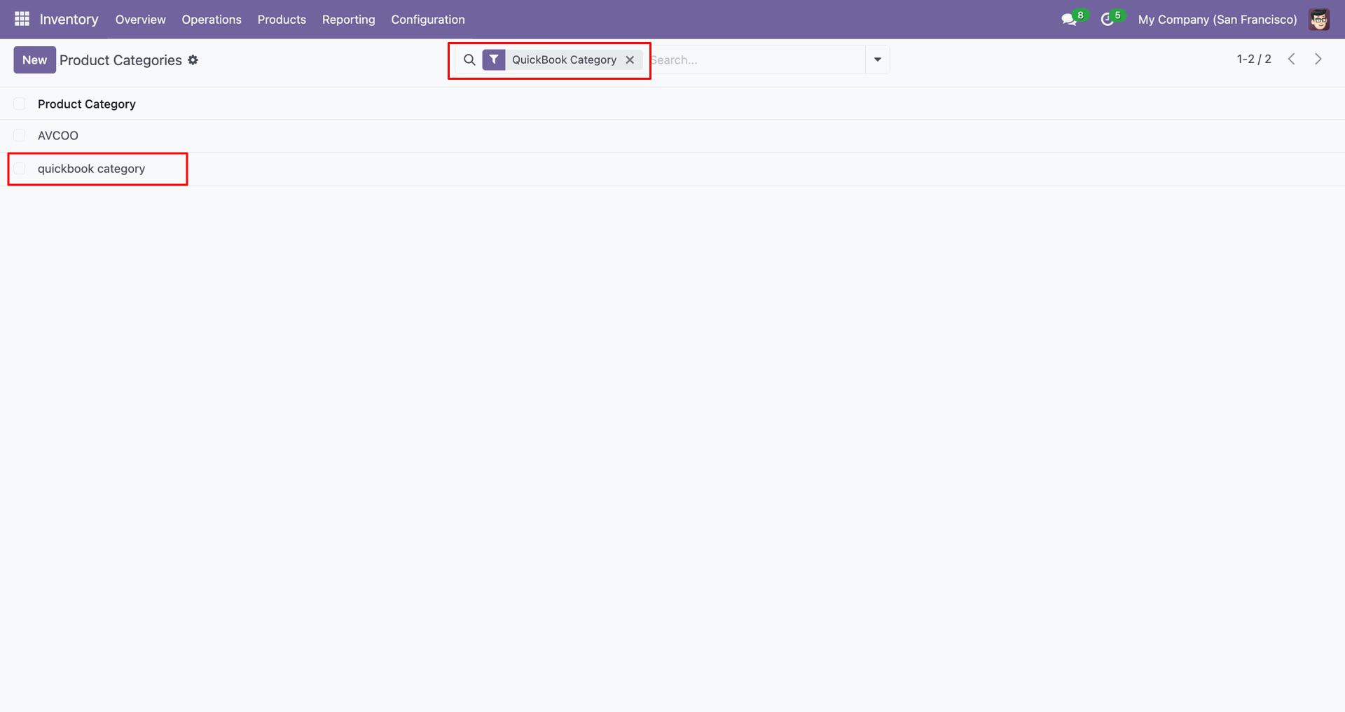 Filtered QuickBooks Category result.