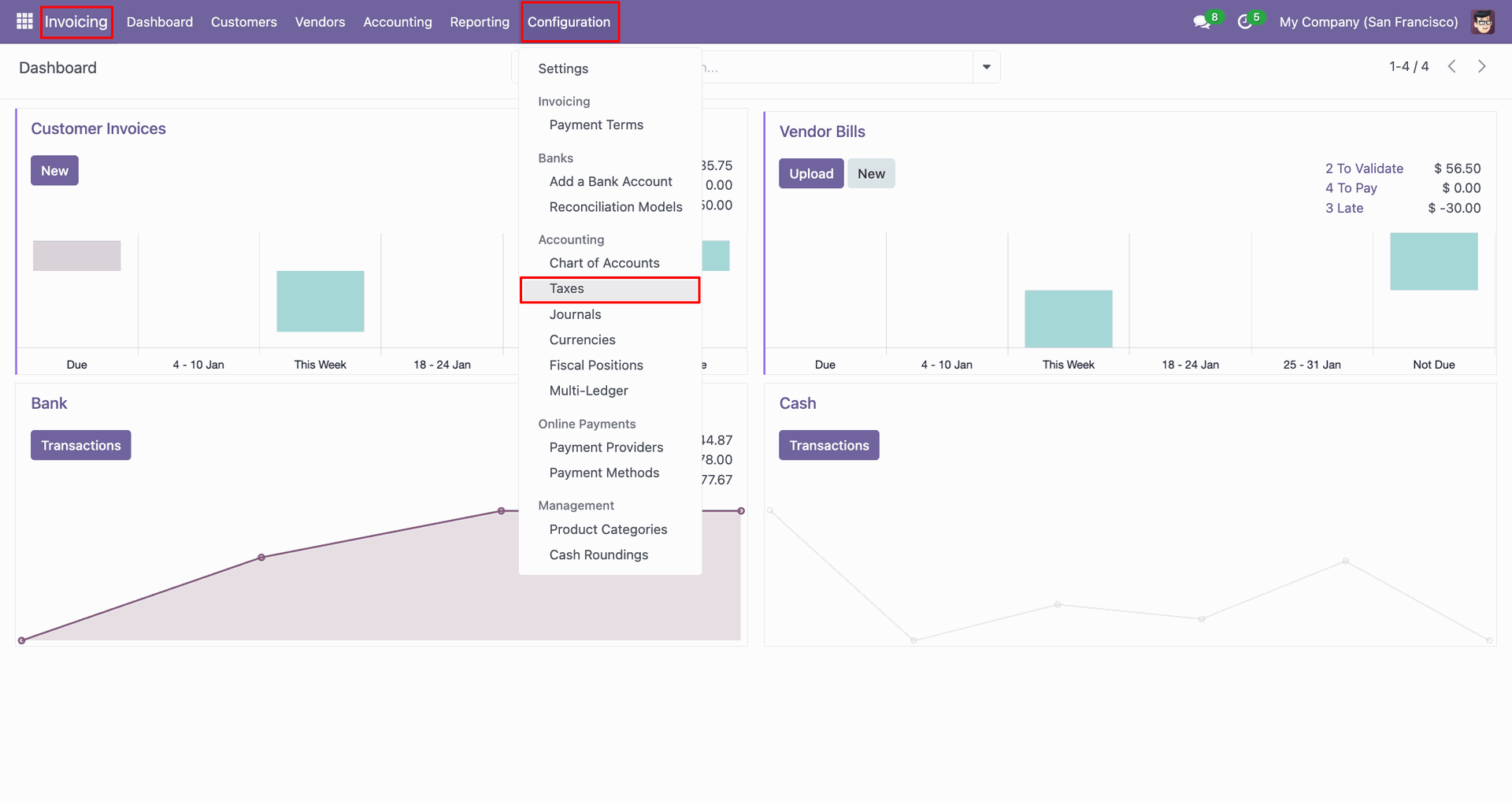 Configuration menu showing the Taxes option.
