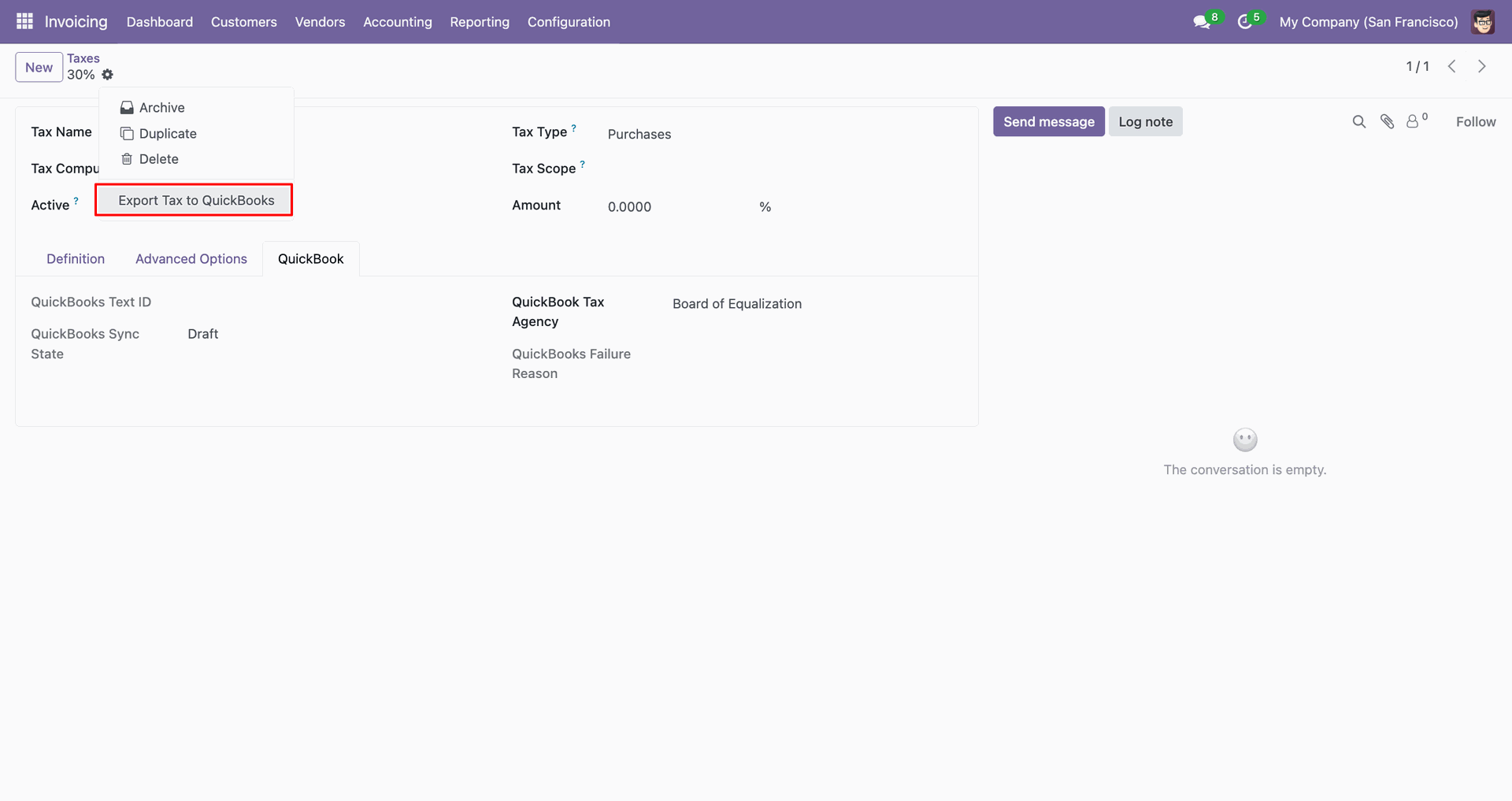 Tax form with the export action selected.