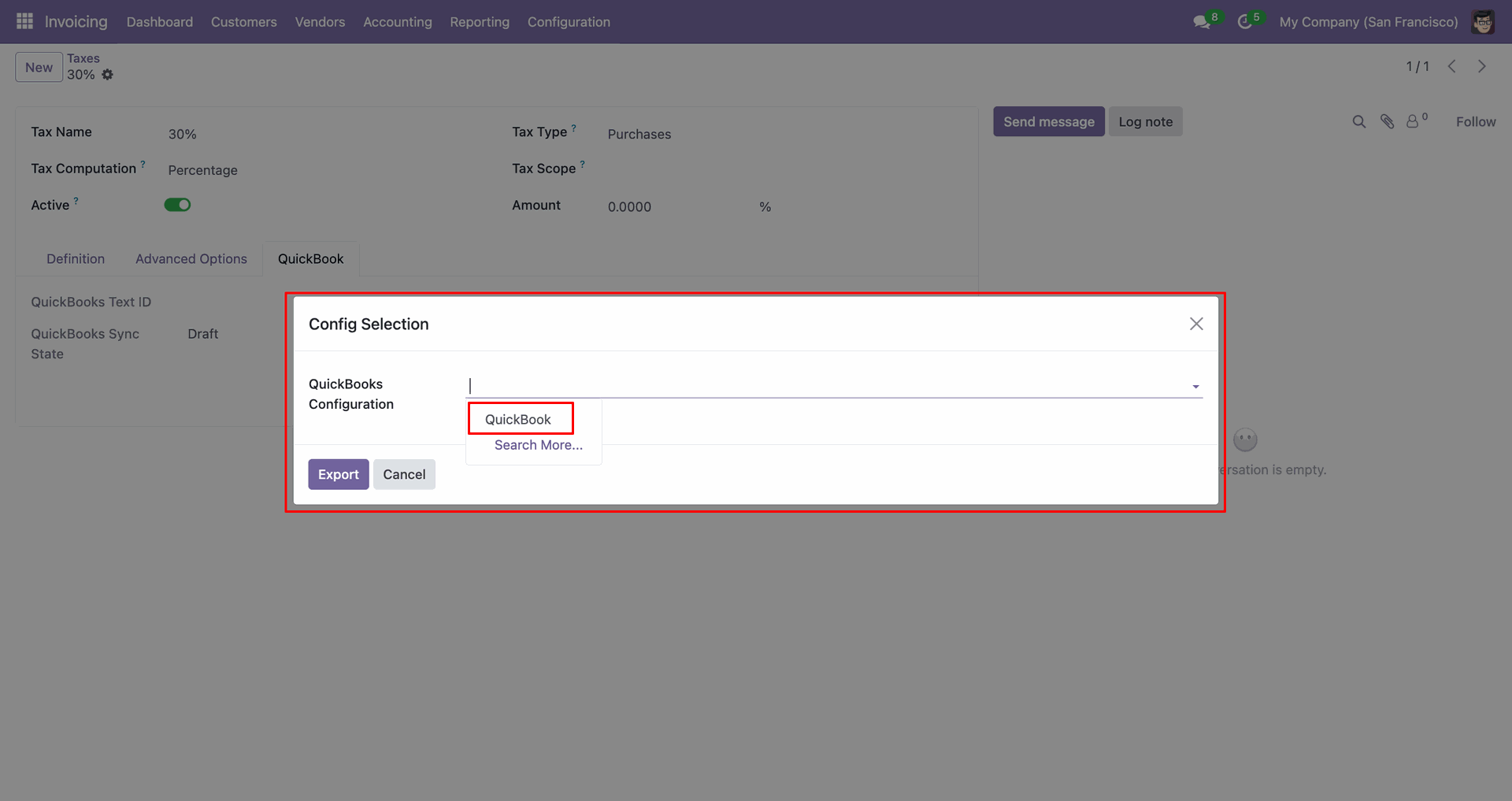 QuickBooks tax configuration selection popup.