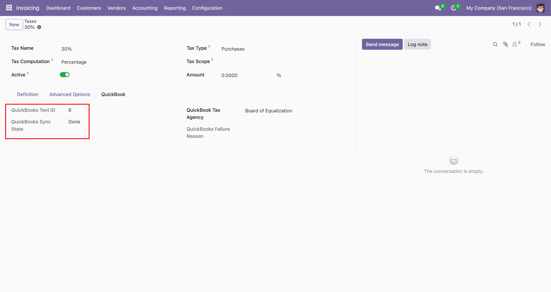 Tax form showing QuickBooks ID and sync status.