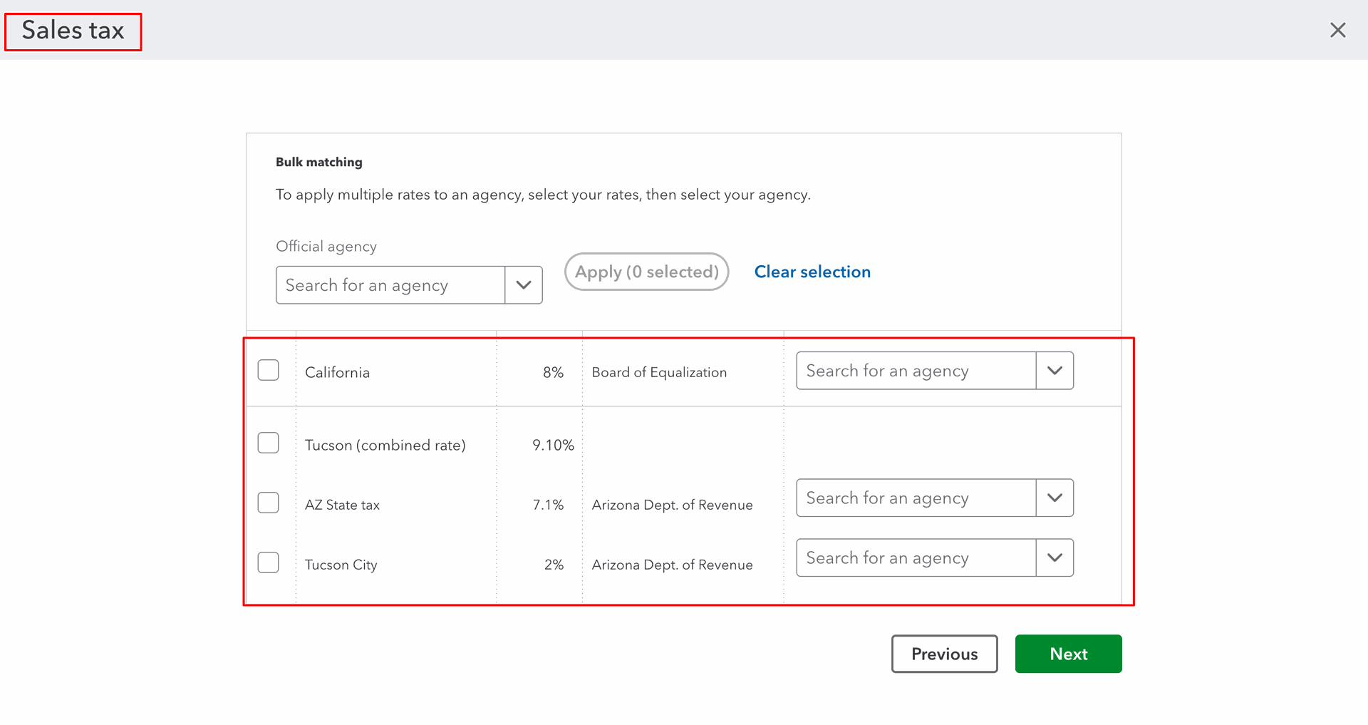 Sales tax setup screen in QuickBooks.