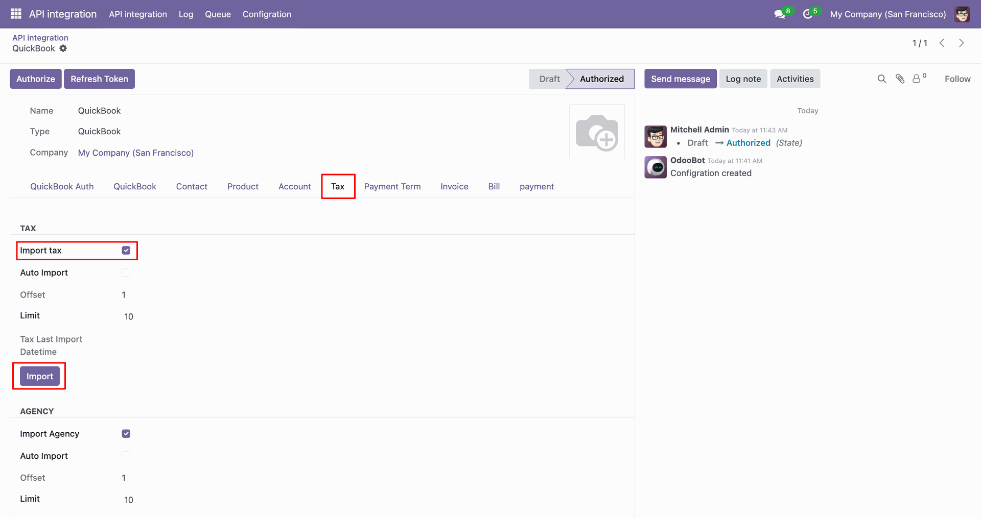 Tax import option enabled in the Tax tab.