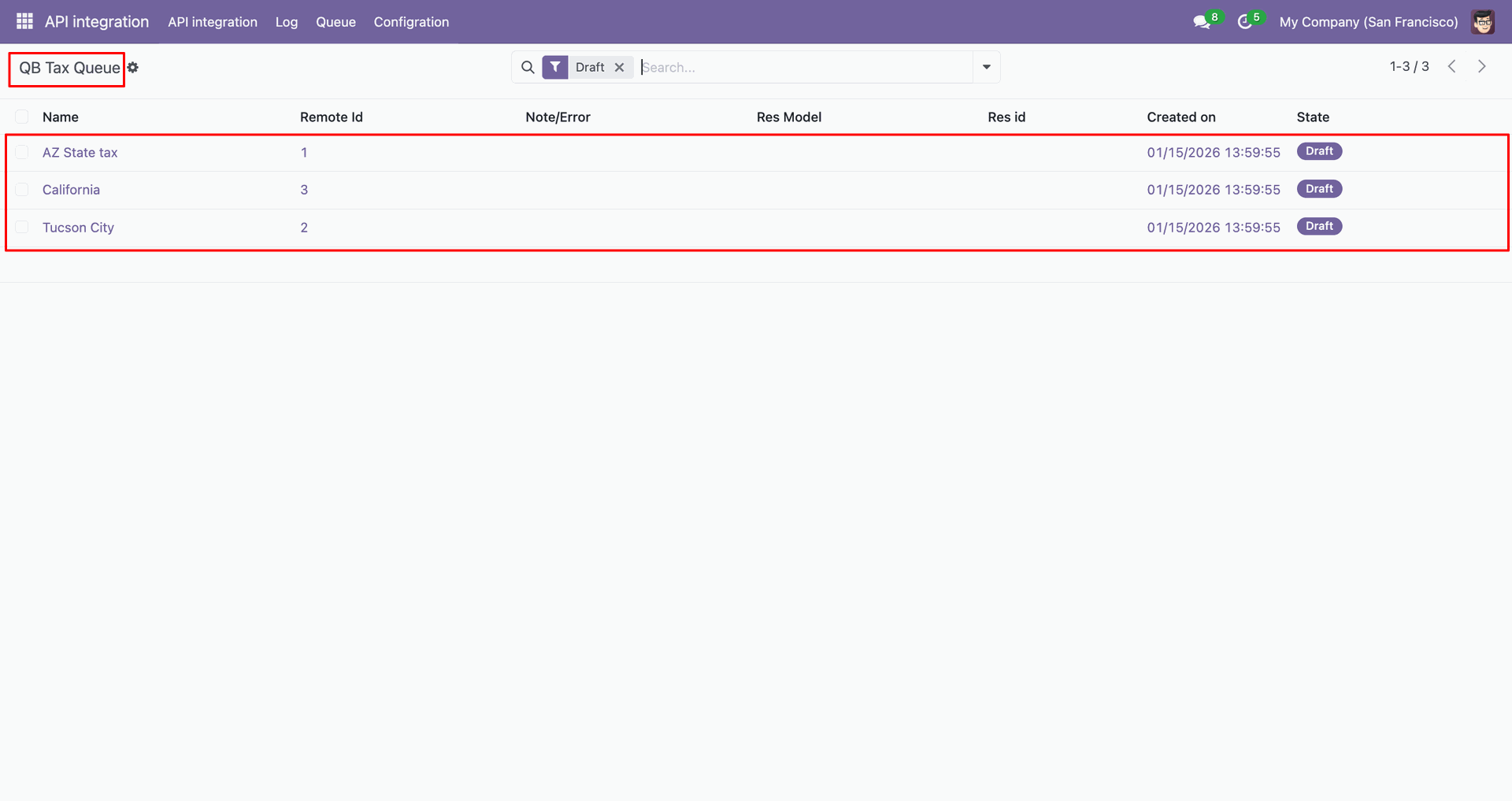 QB Tax queue showing imported tax records.