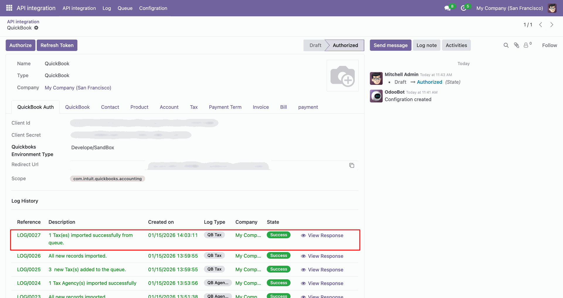Tax synchronization log showing successful import details.