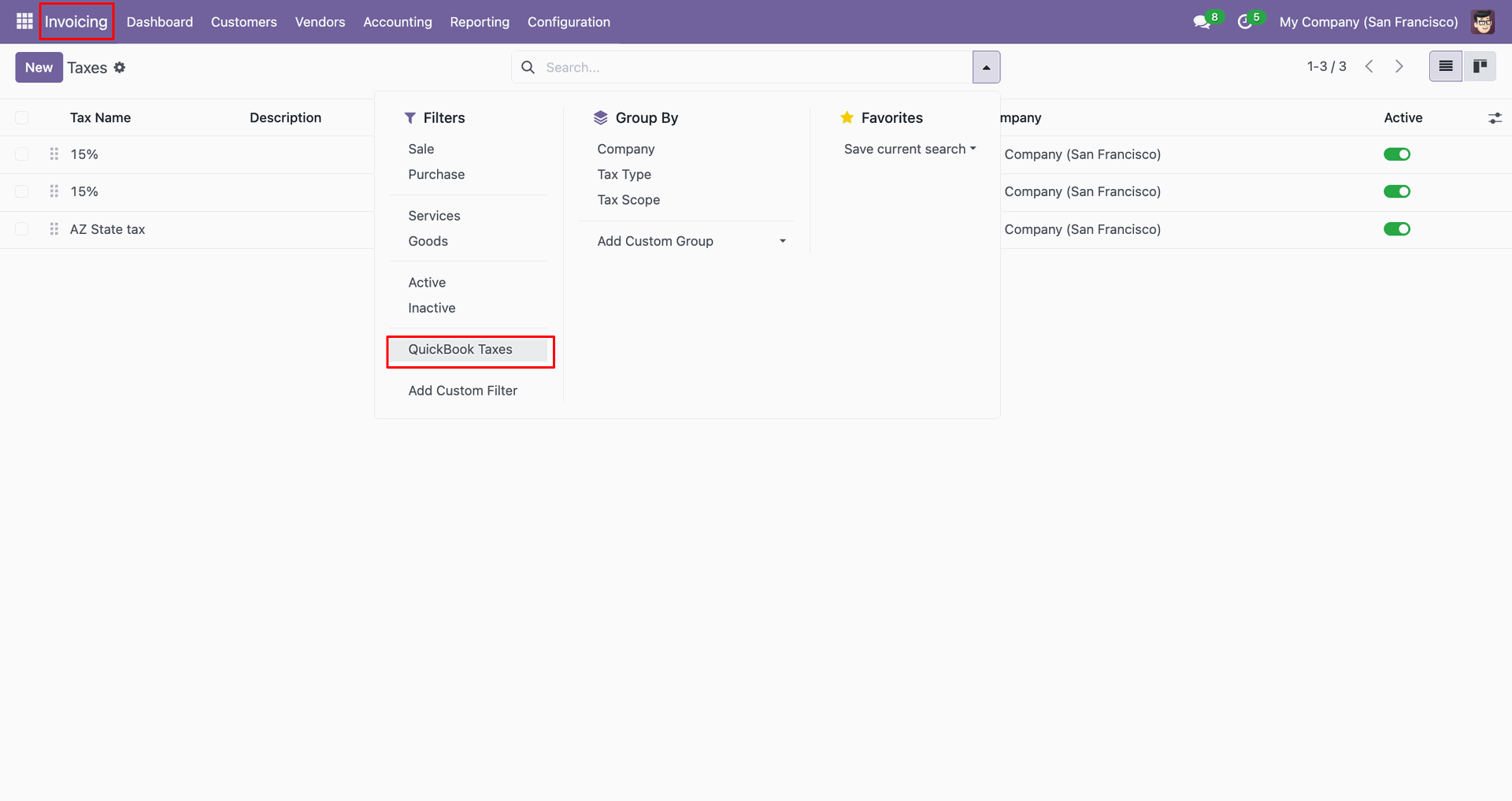QuickBooks tax filter options.