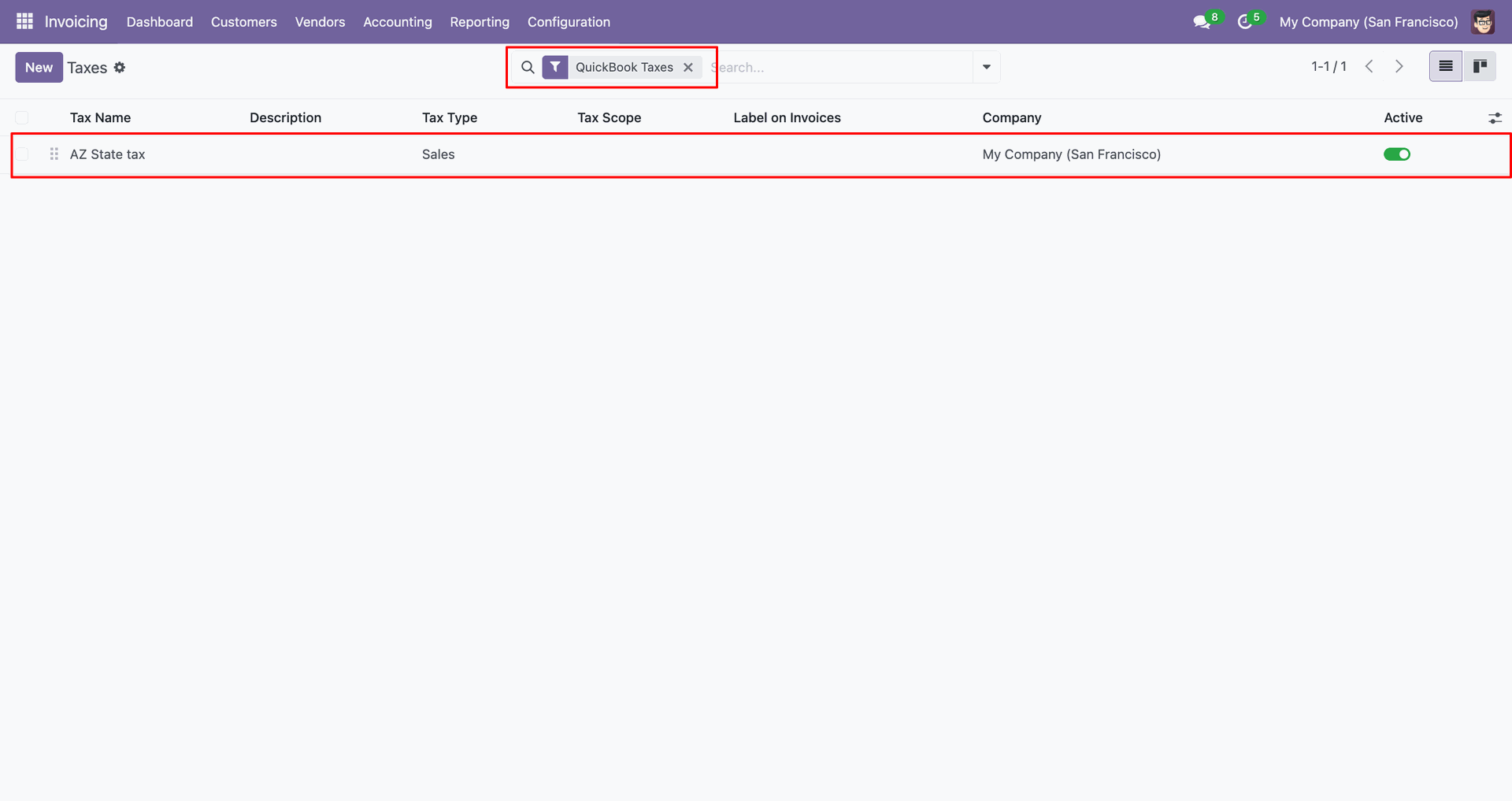 Filtered QuickBooks tax results.