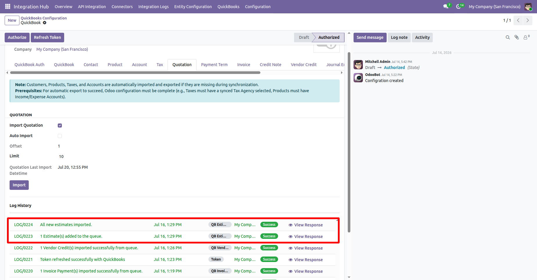 Log history showing successful quotation imports.