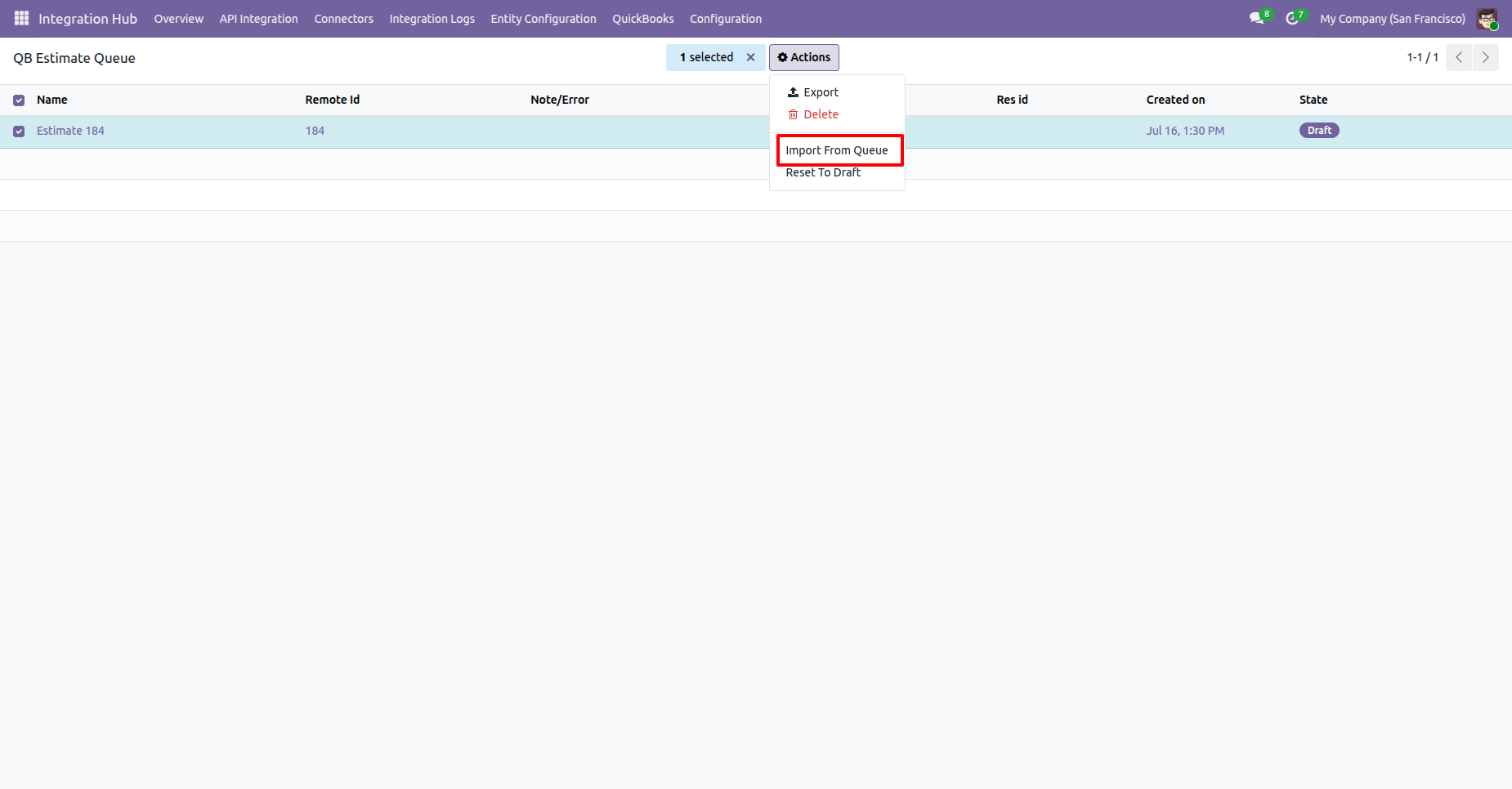 QuickBooks Estimate Queue with the import option selected.