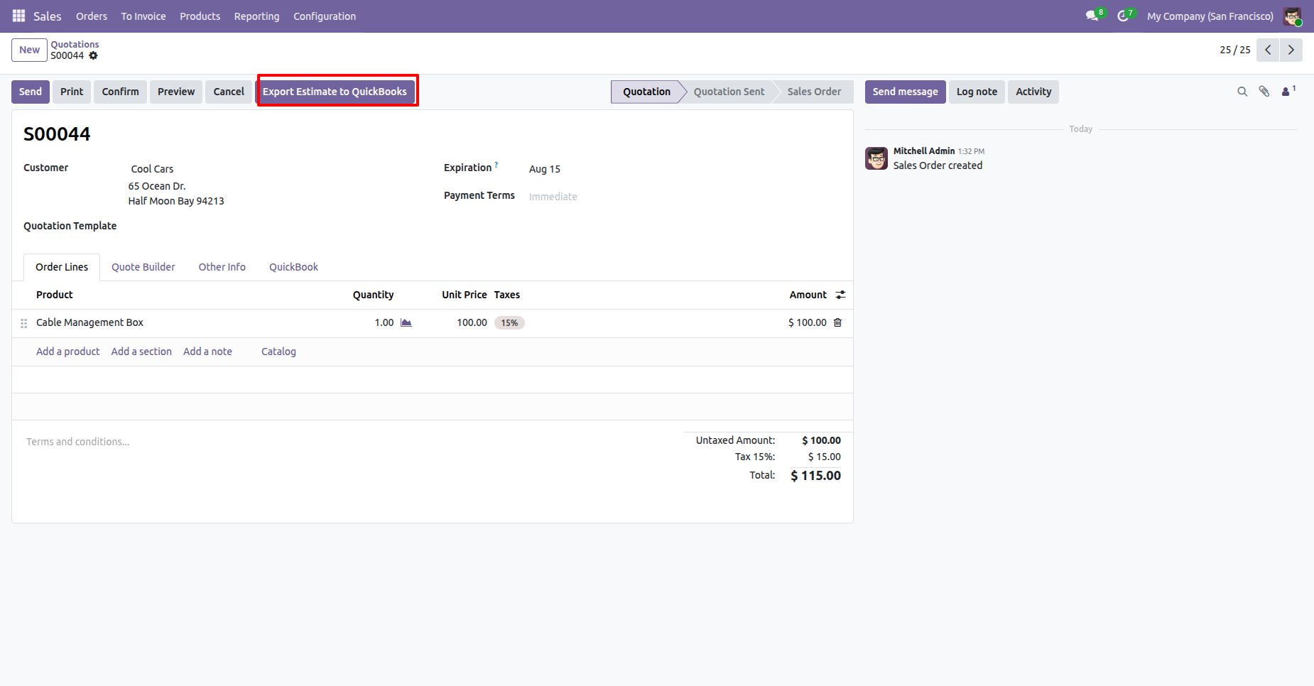 Quotation form with the “Export Estimate to QuickBooks” button.