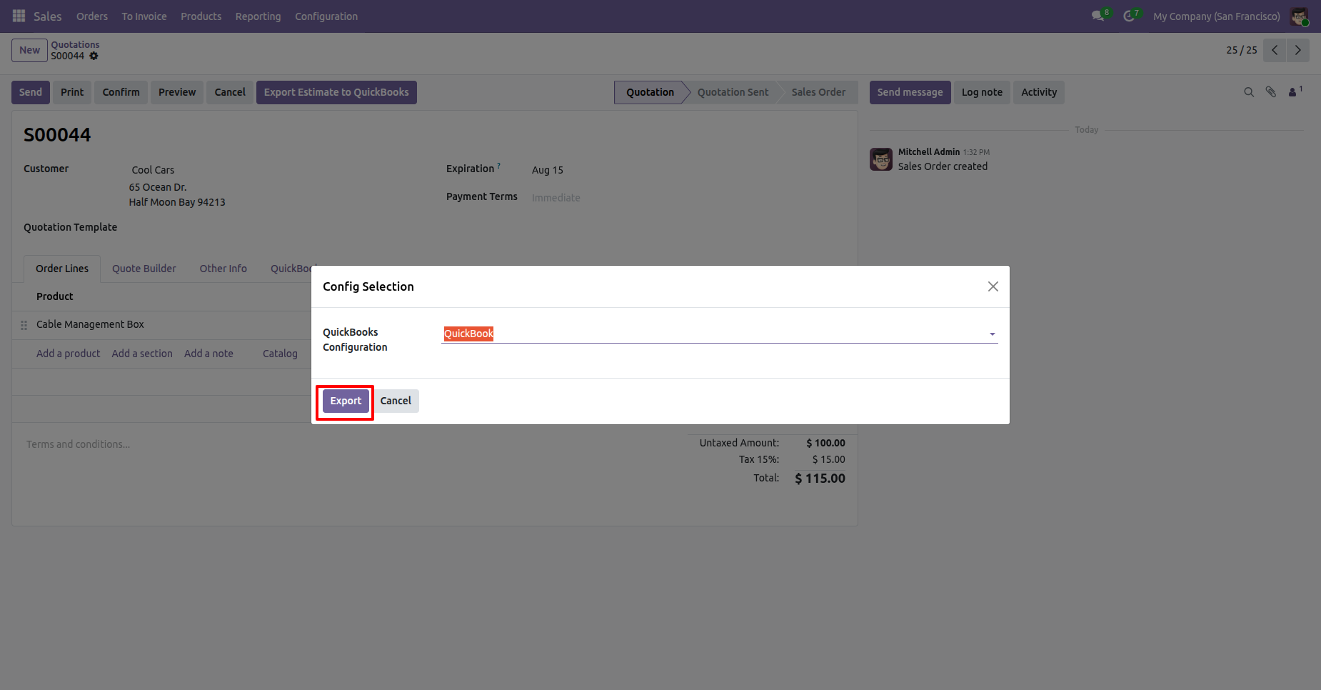 QuickBooks configuration selected before exporting the estimate.