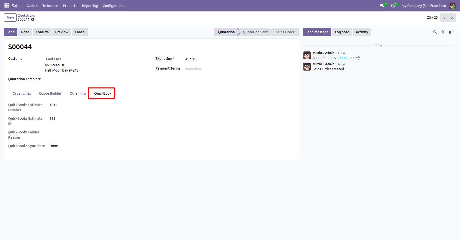 QuickBooks tab showing estimate details in Odoo.
