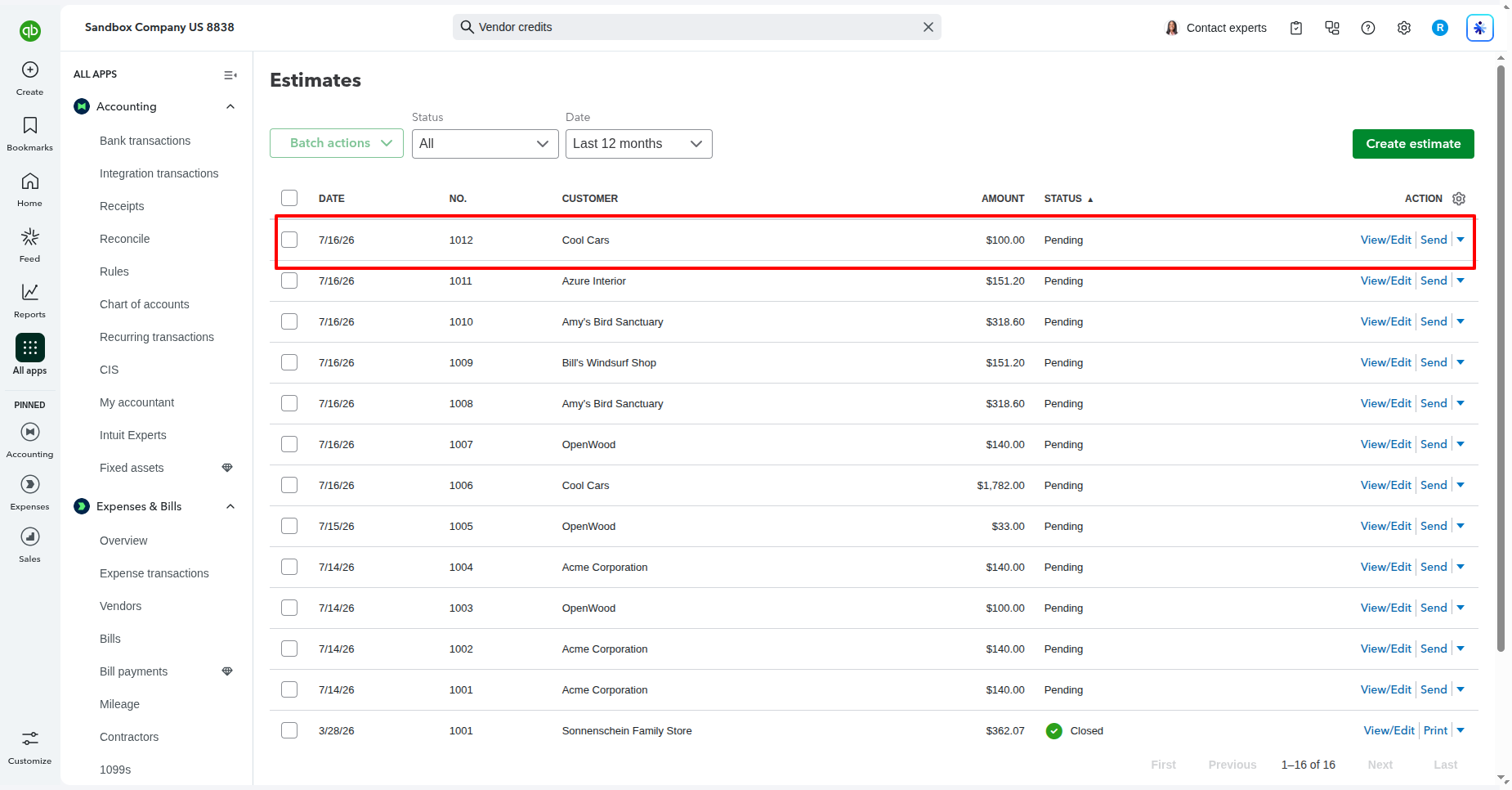 Exported quotation visible in QuickBooks Estimates.