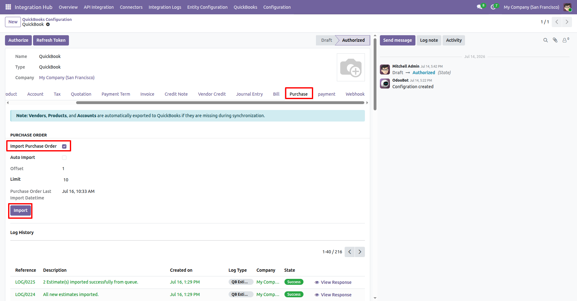 Purchase settings with import options enabled.