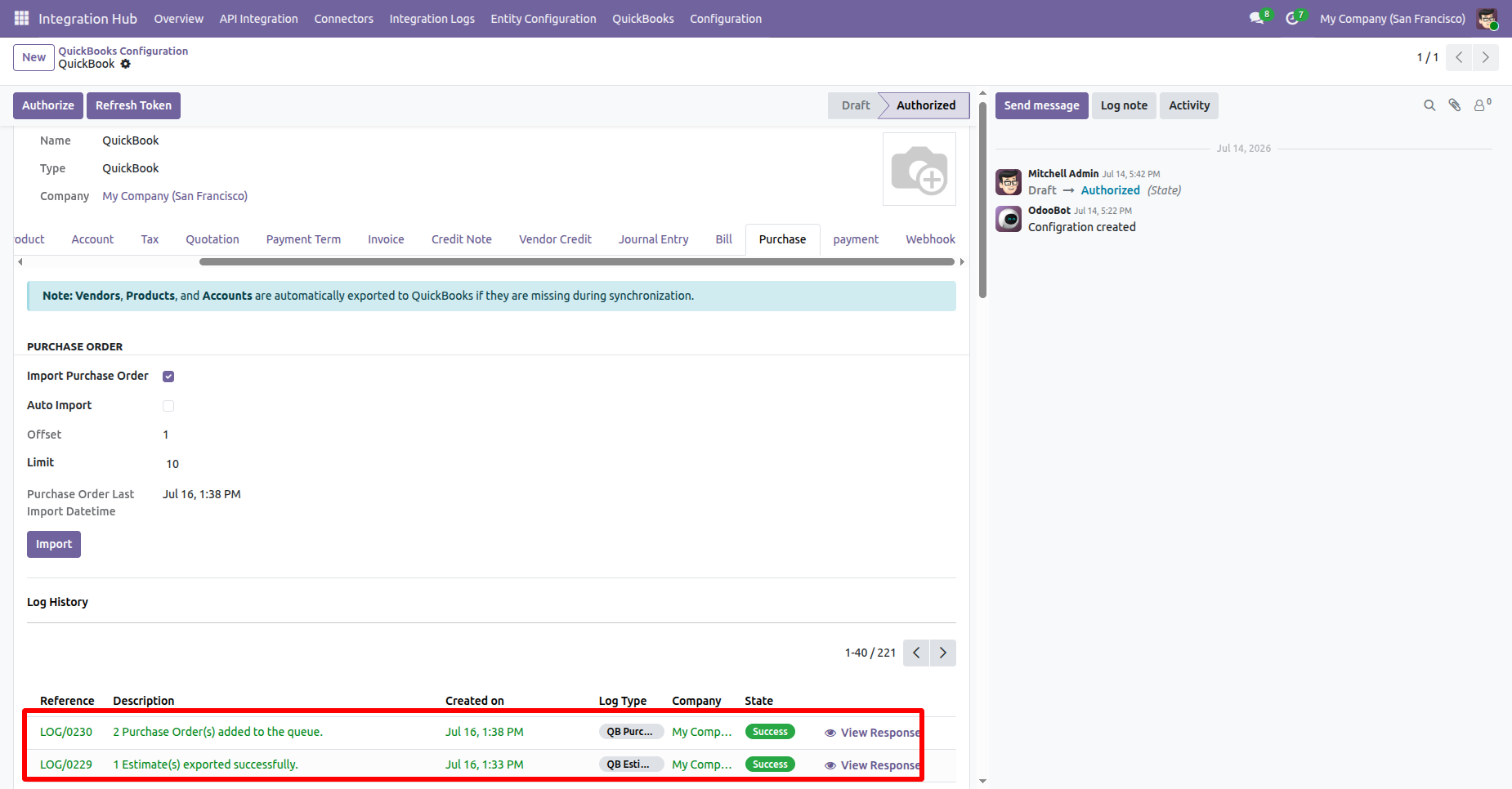 Log history showing a successful purchase order import.