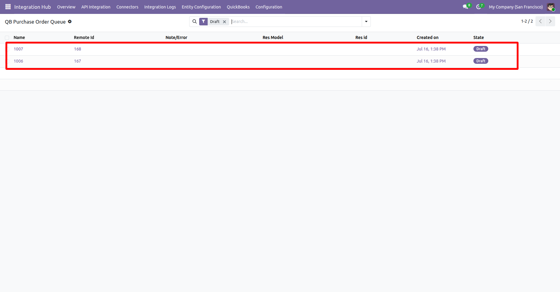 QuickBooks Purchase Order Queue with records ready for import.