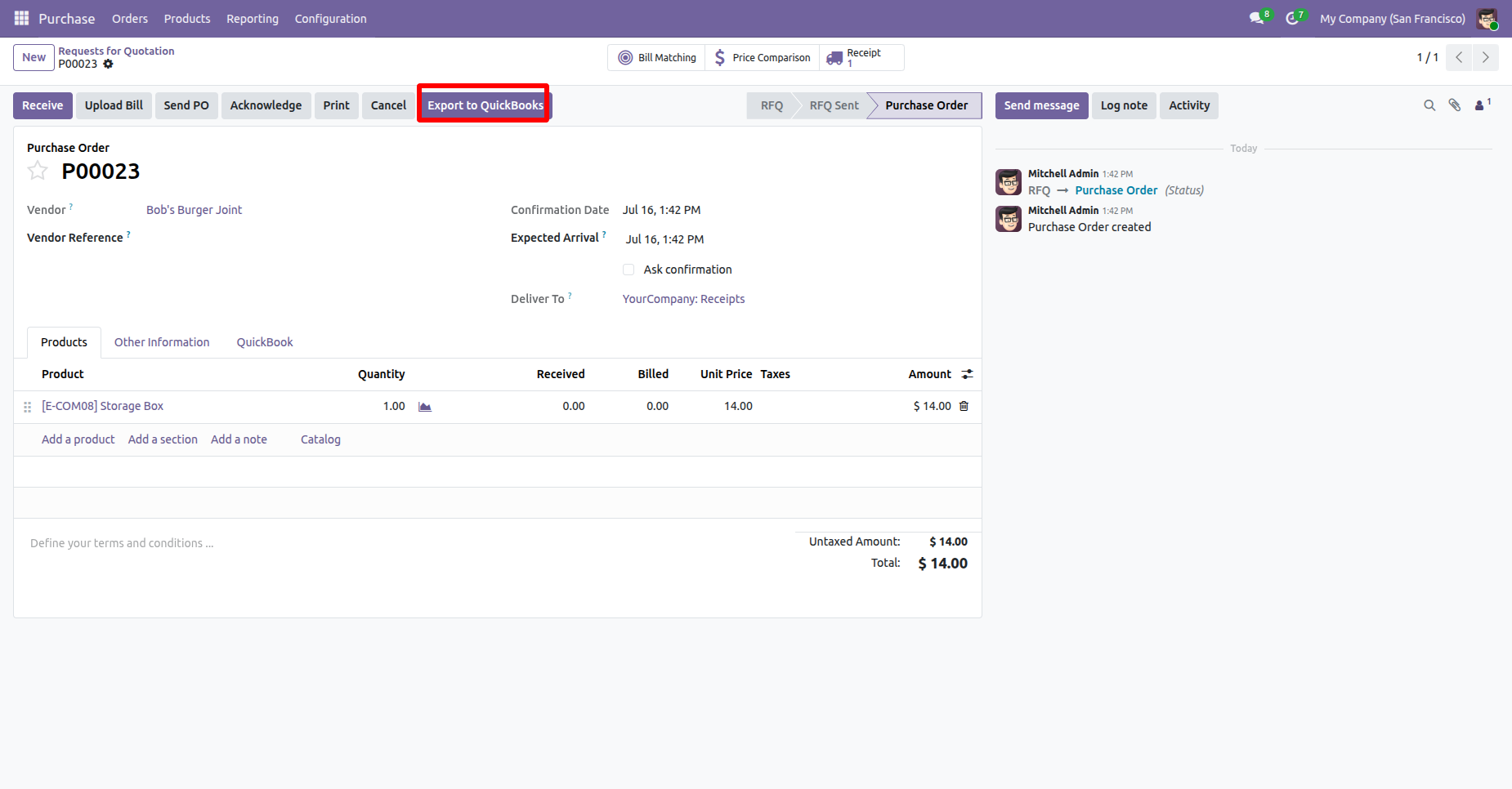 Purchase order with the export option highlighted.