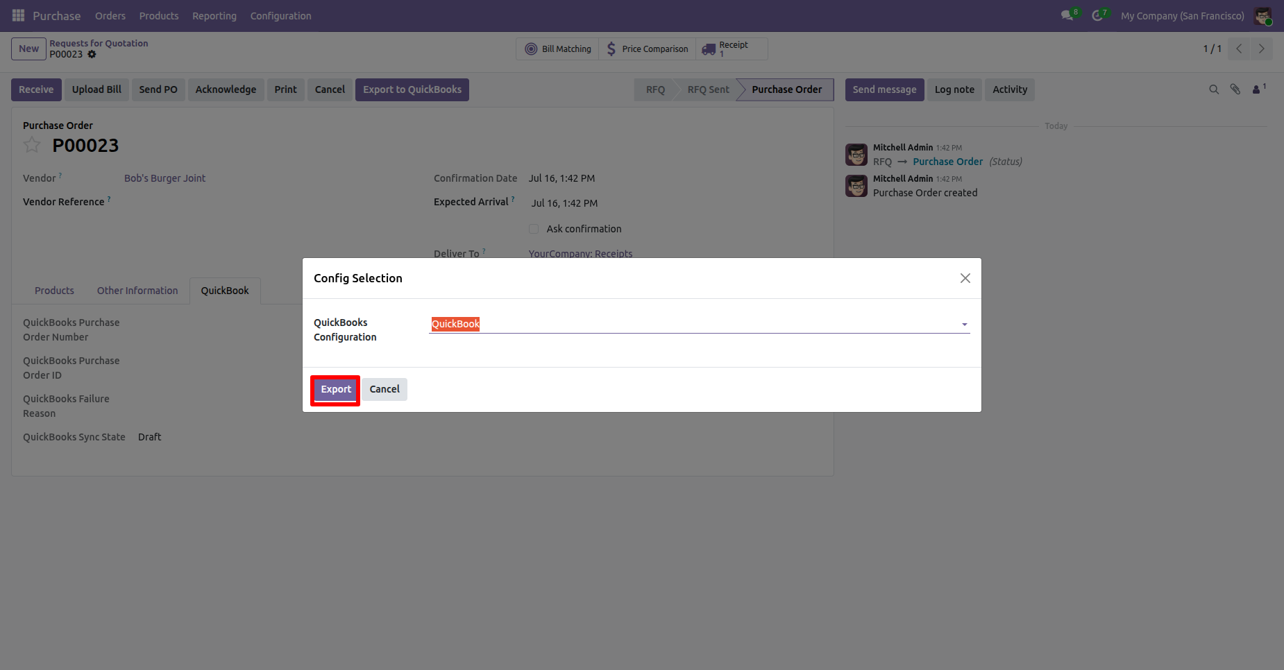 QuickBooks configuration selected for export.