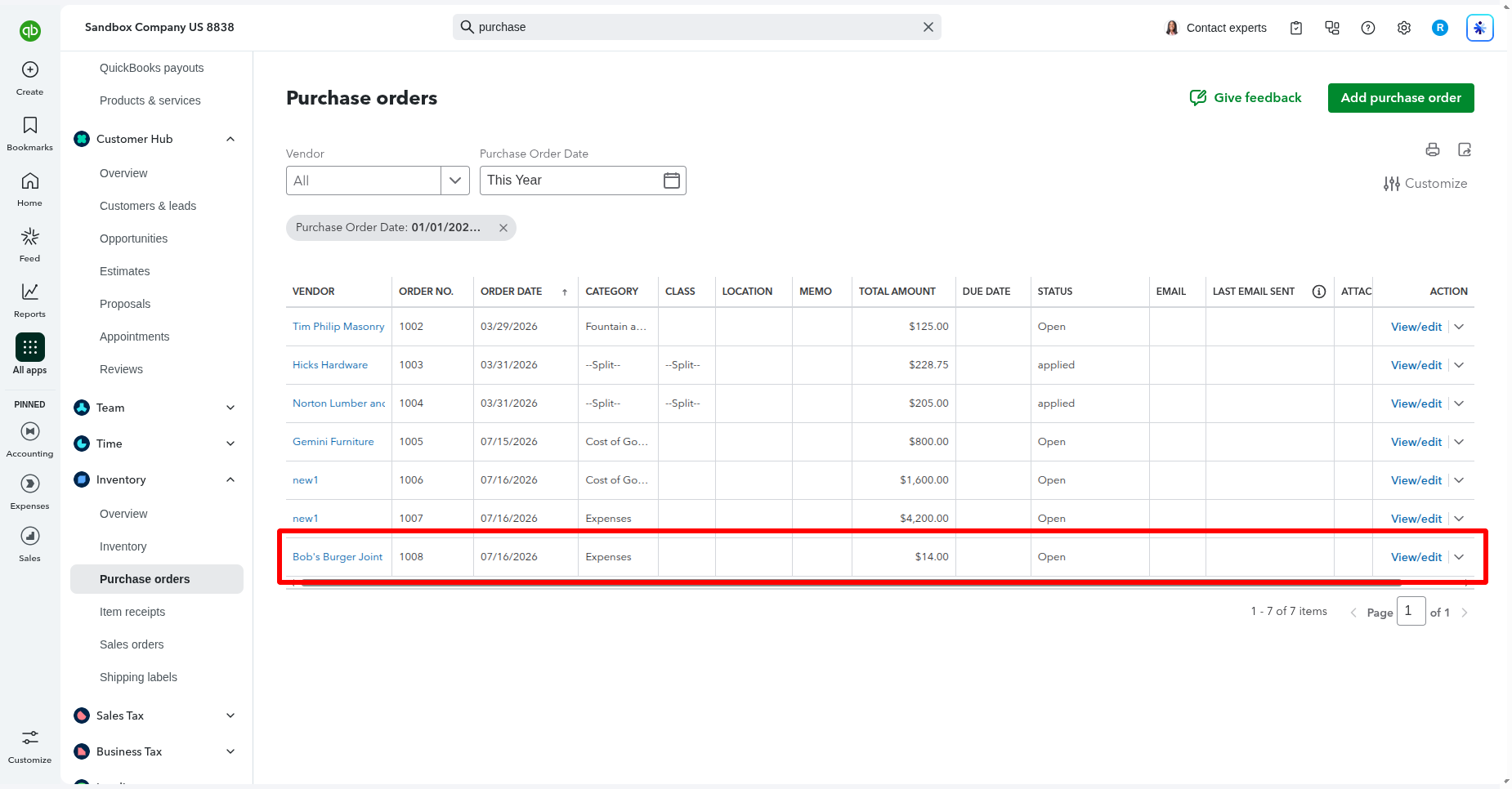 Purchase order listed in QuickBooks.