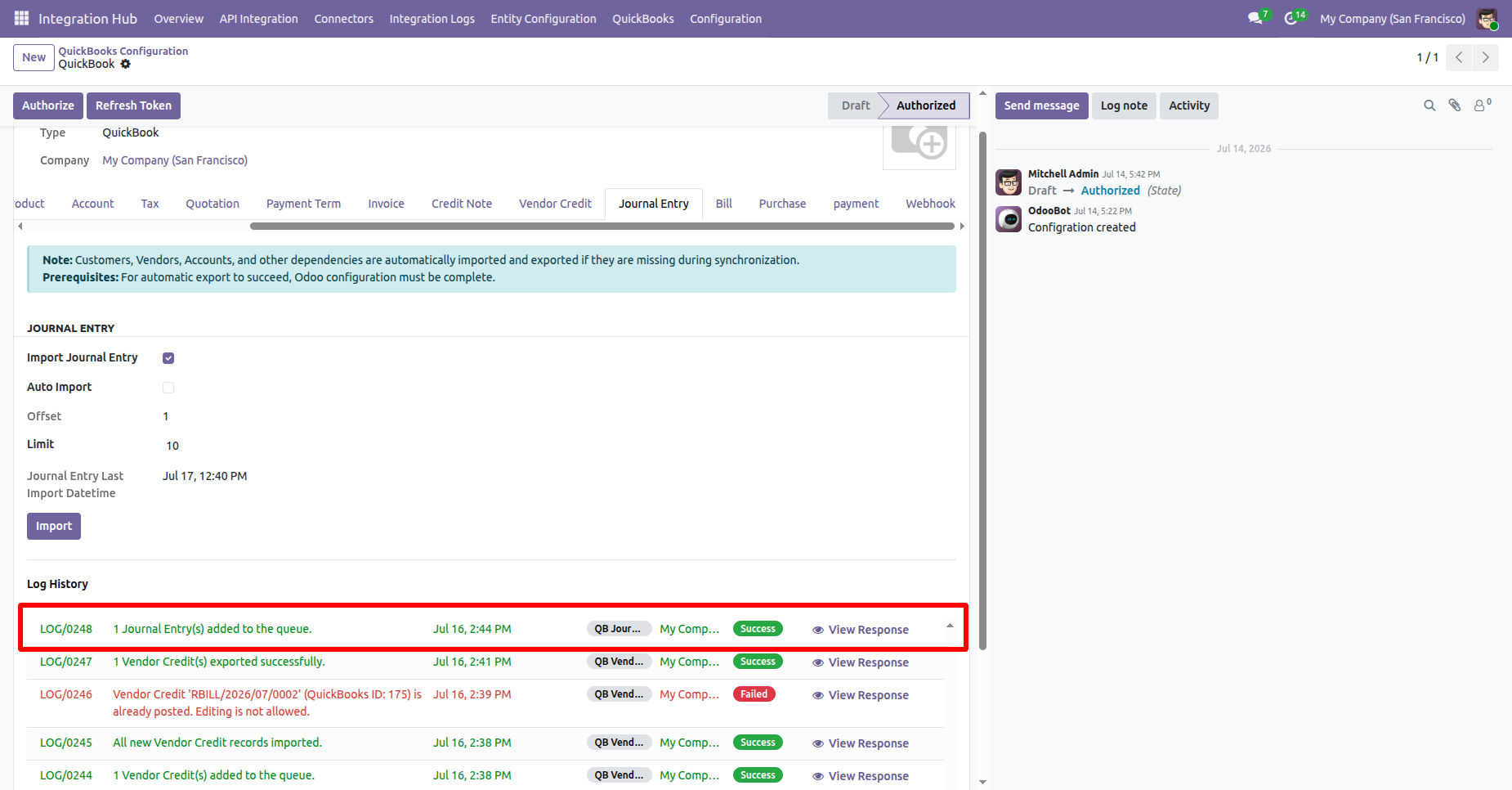 Log history showing a successful journal entry import.
