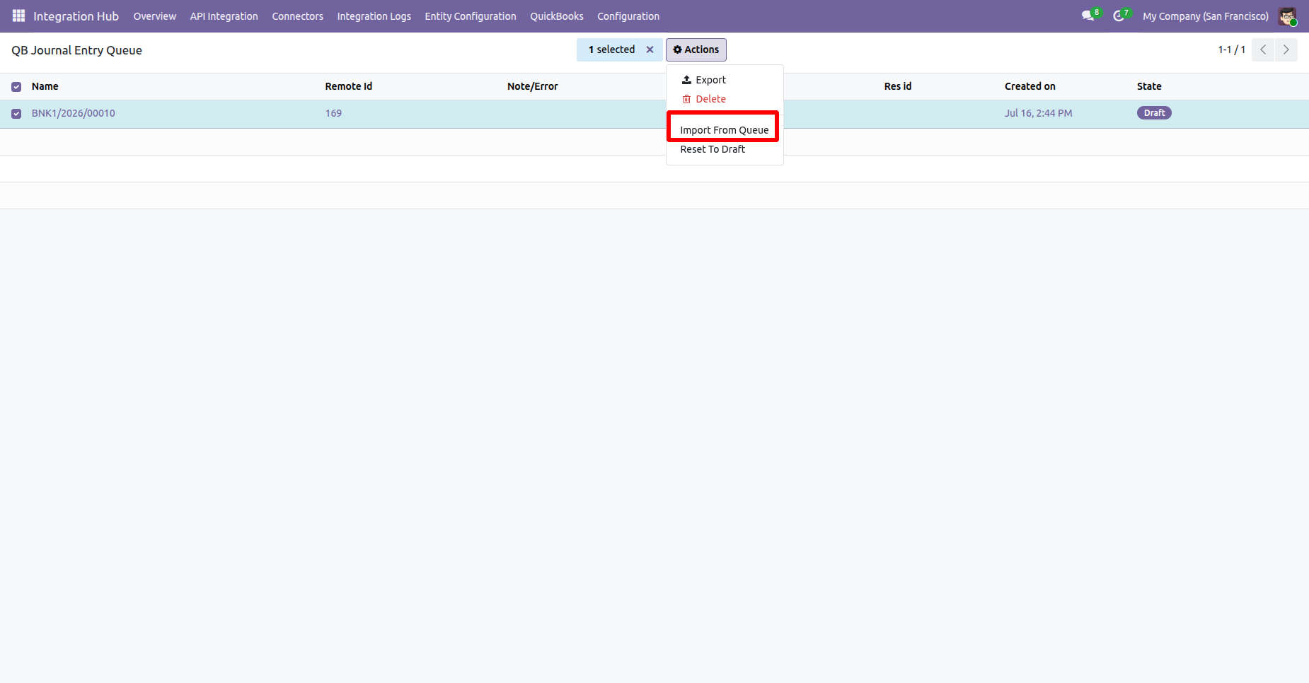 QuickBooks Journal Entry Queue with the import option selected.