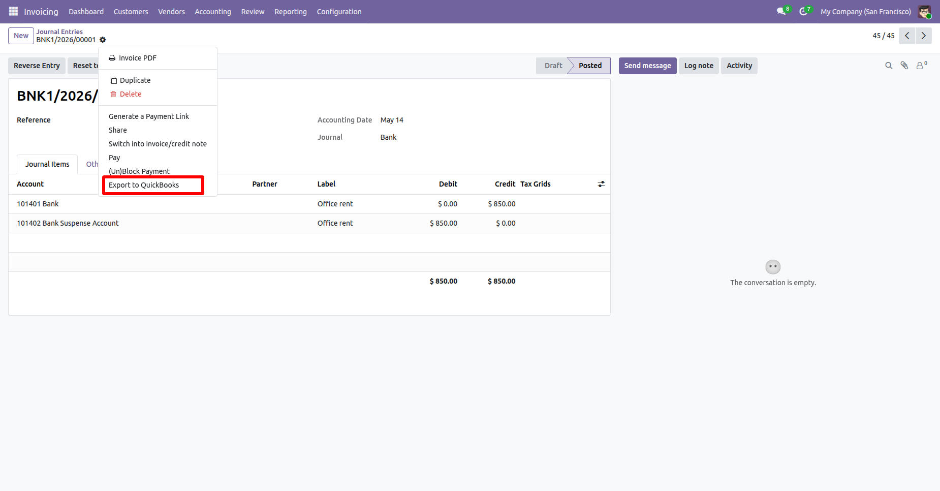 Journal entry form with the QuickBooks export option.