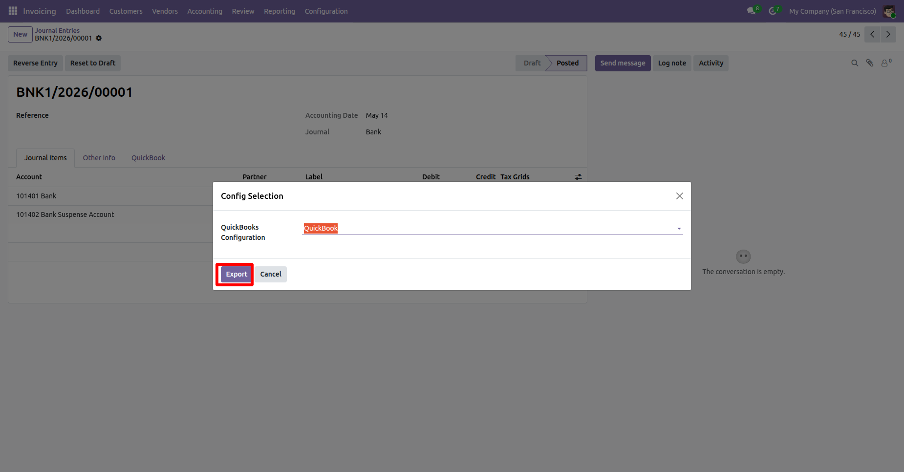 QuickBooks configuration selected for export.