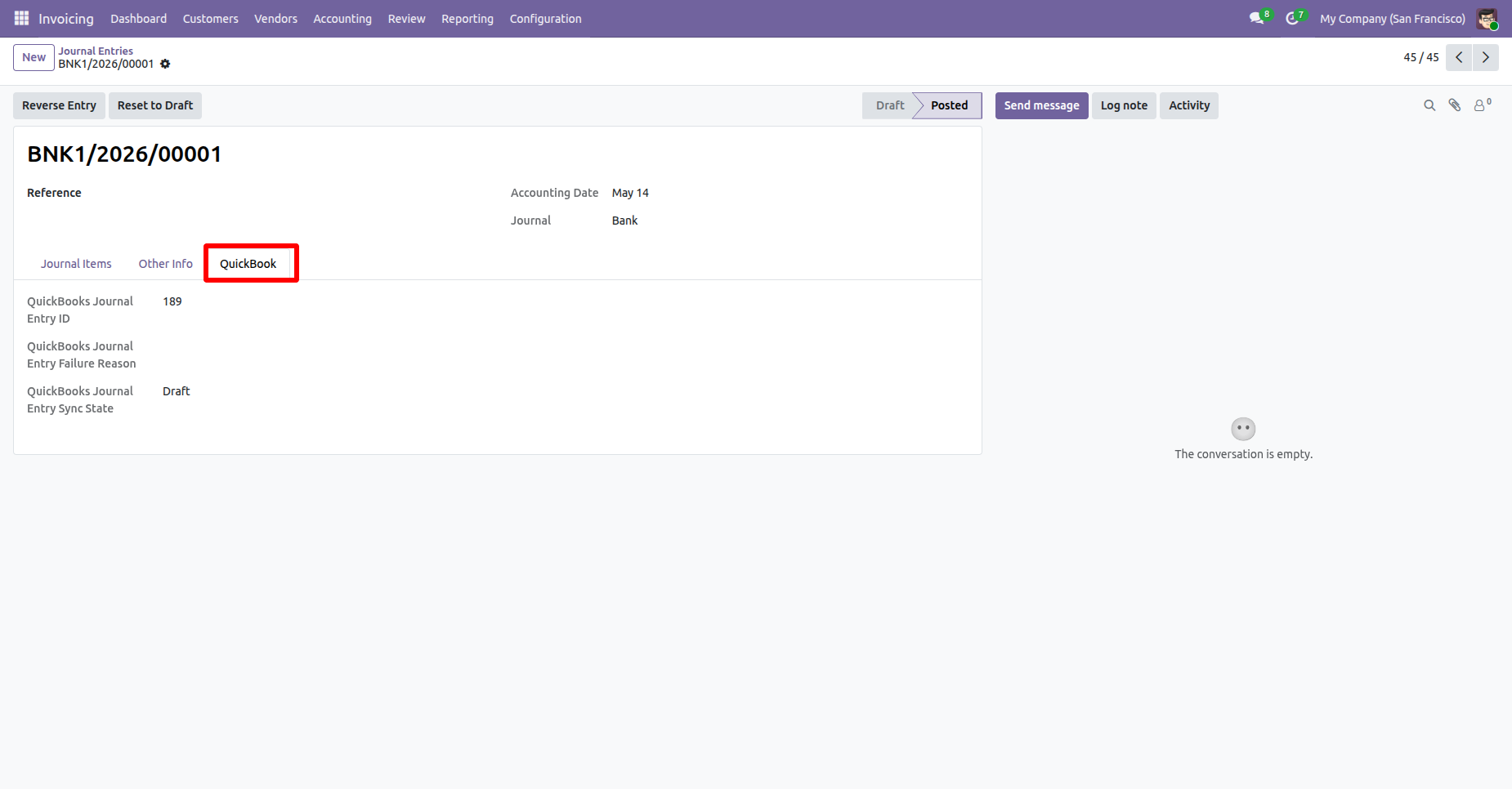 Journal Entry showing QuickBooks details and sync status.