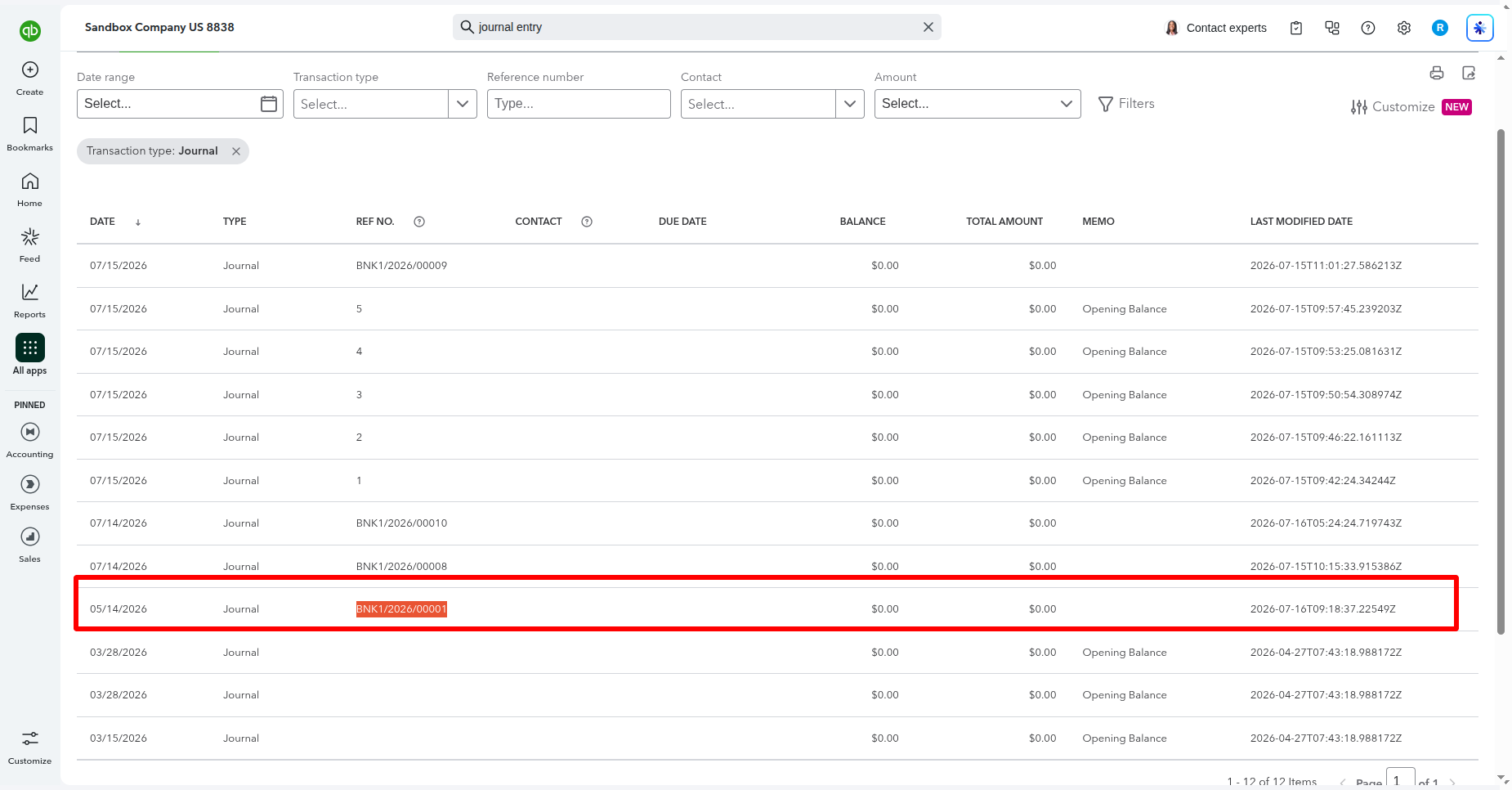 Exported journal entry visible in QuickBooks.