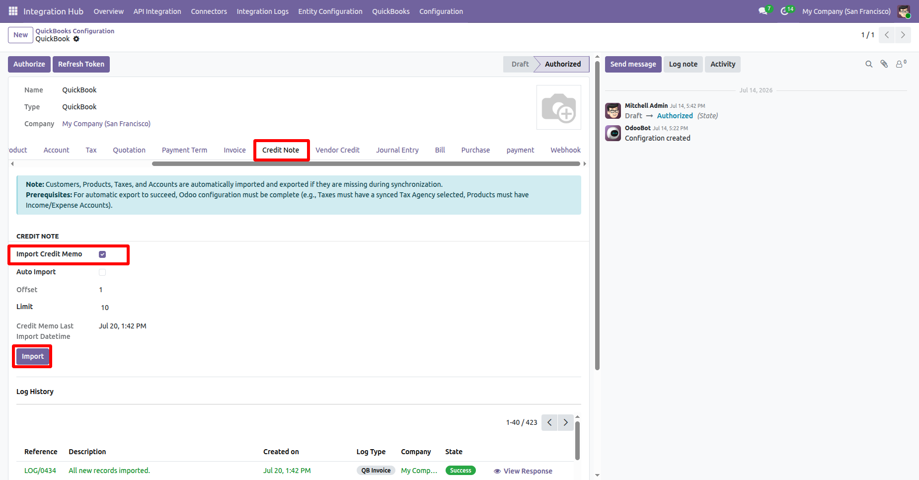 Credit Note settings with import enabled.