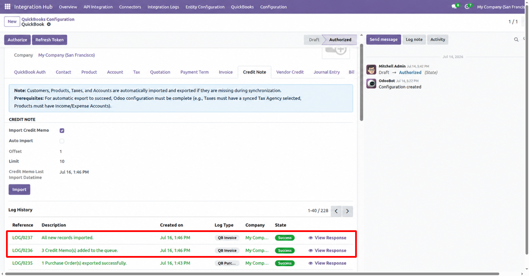 Log history showing successful Credit Note imports.
