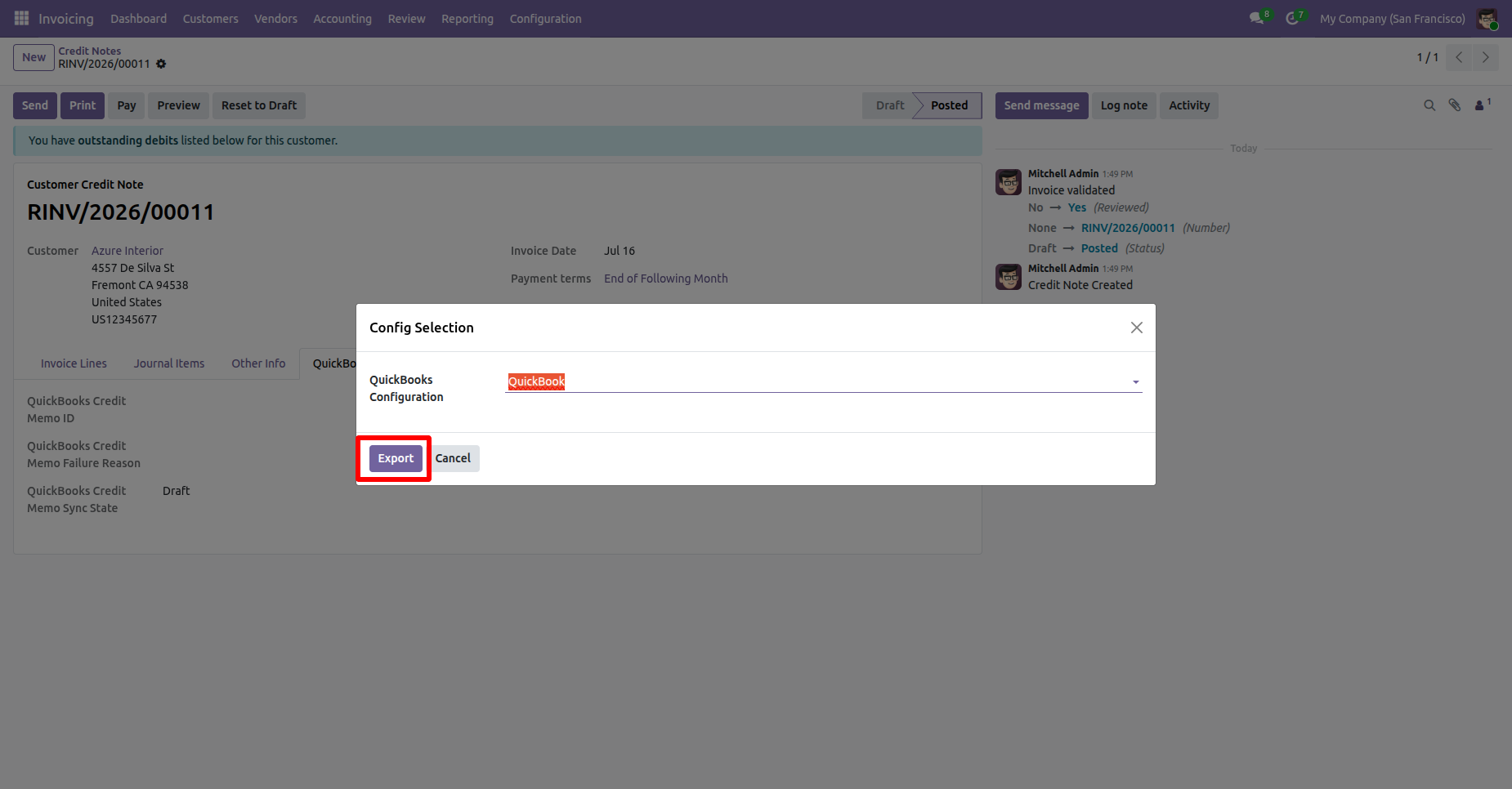 QuickBooks configuration selected for Credit Note export.