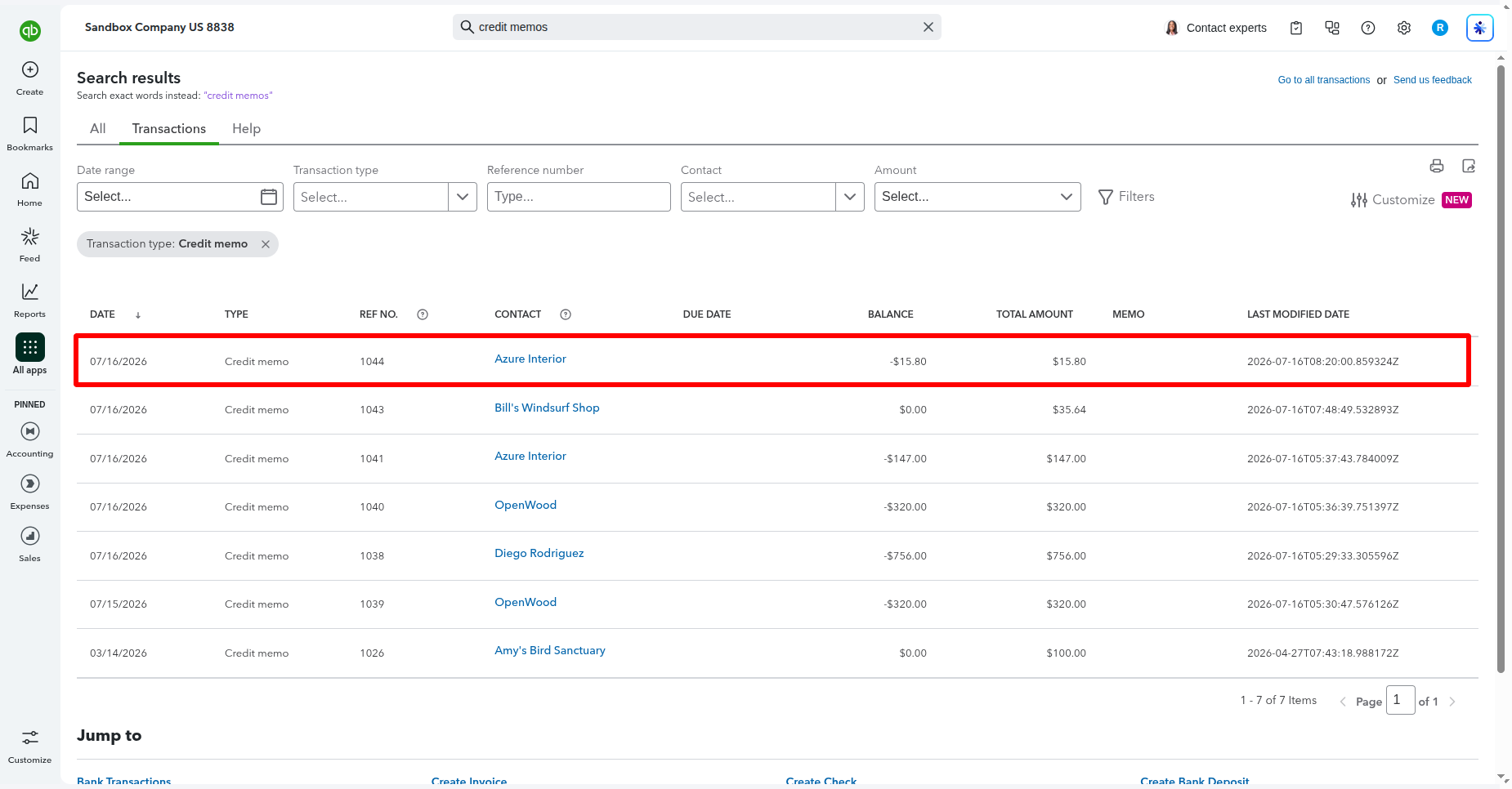 Exported Credit Note visible in QuickBooks.
