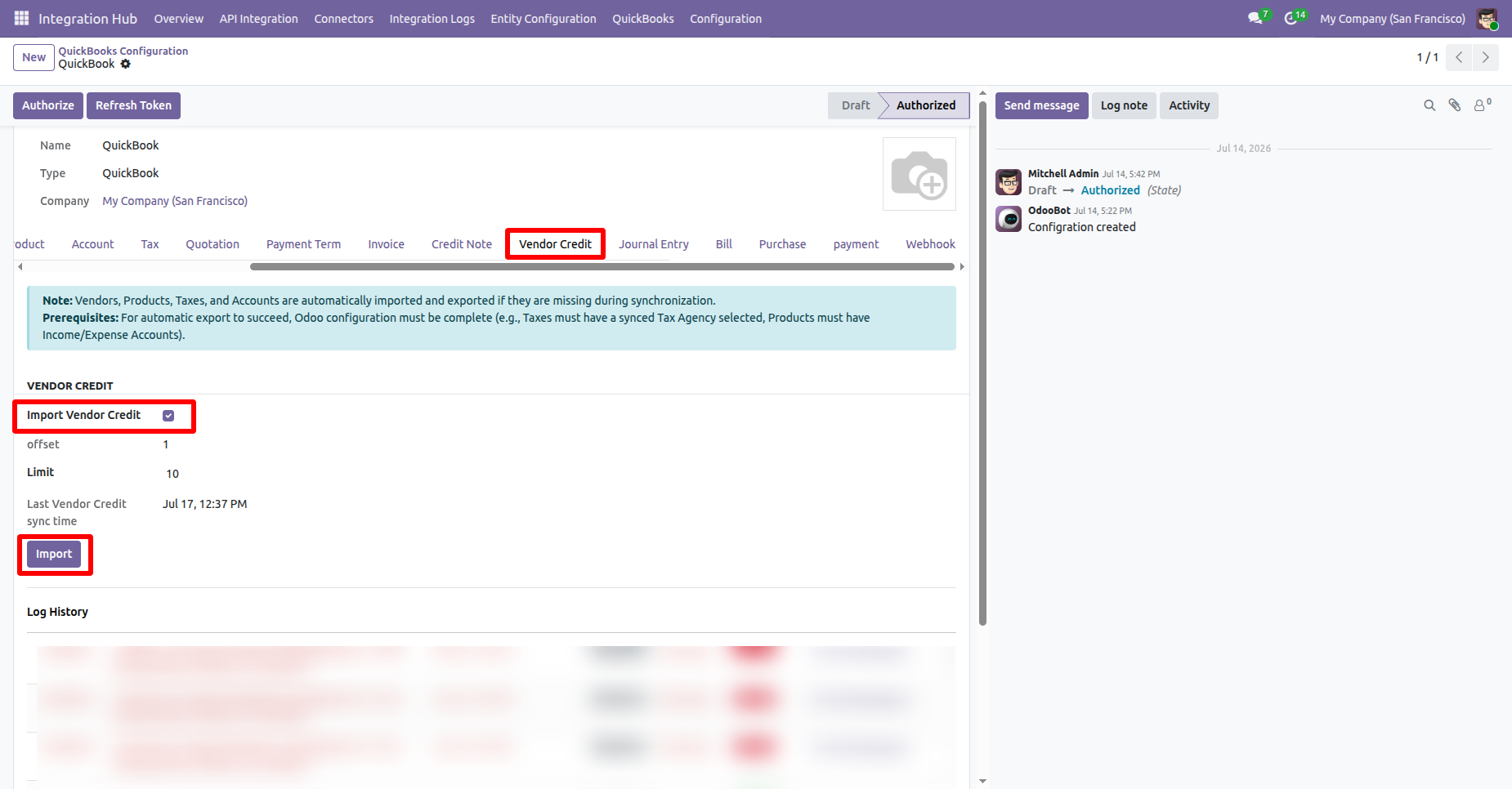 Vendor Credit settings with import enabled.