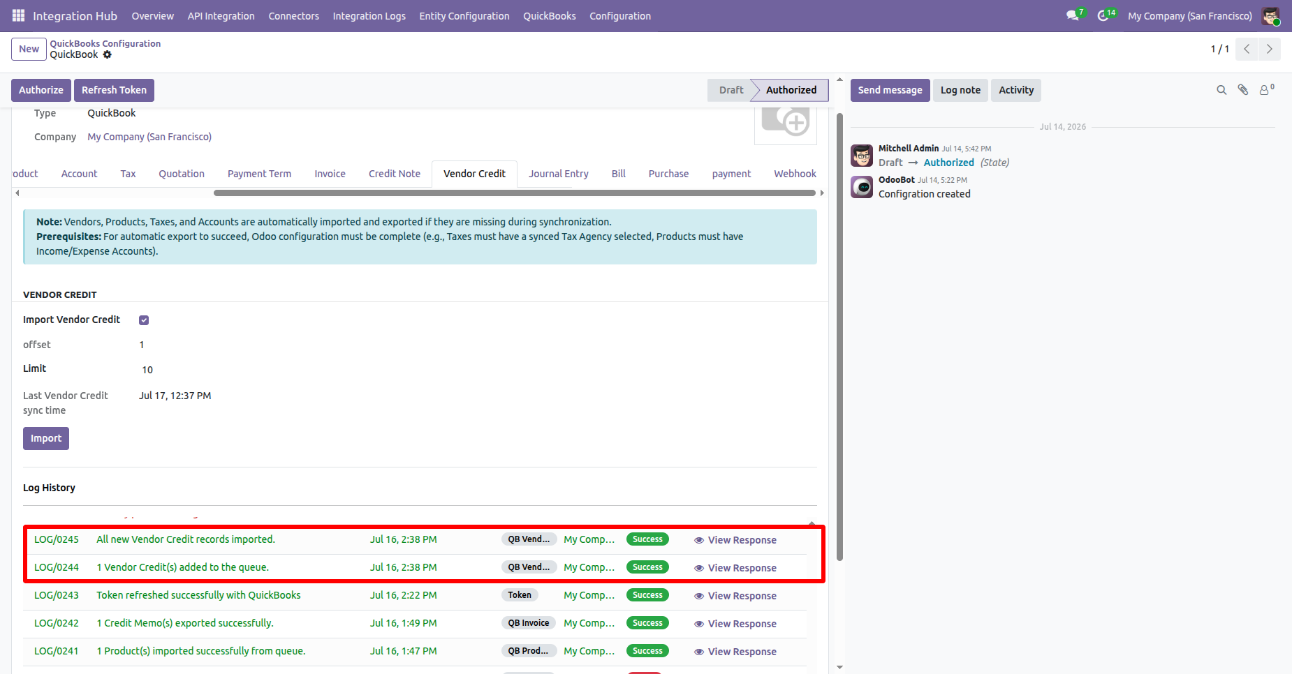 Log history showing successful Vendor Credit imports.