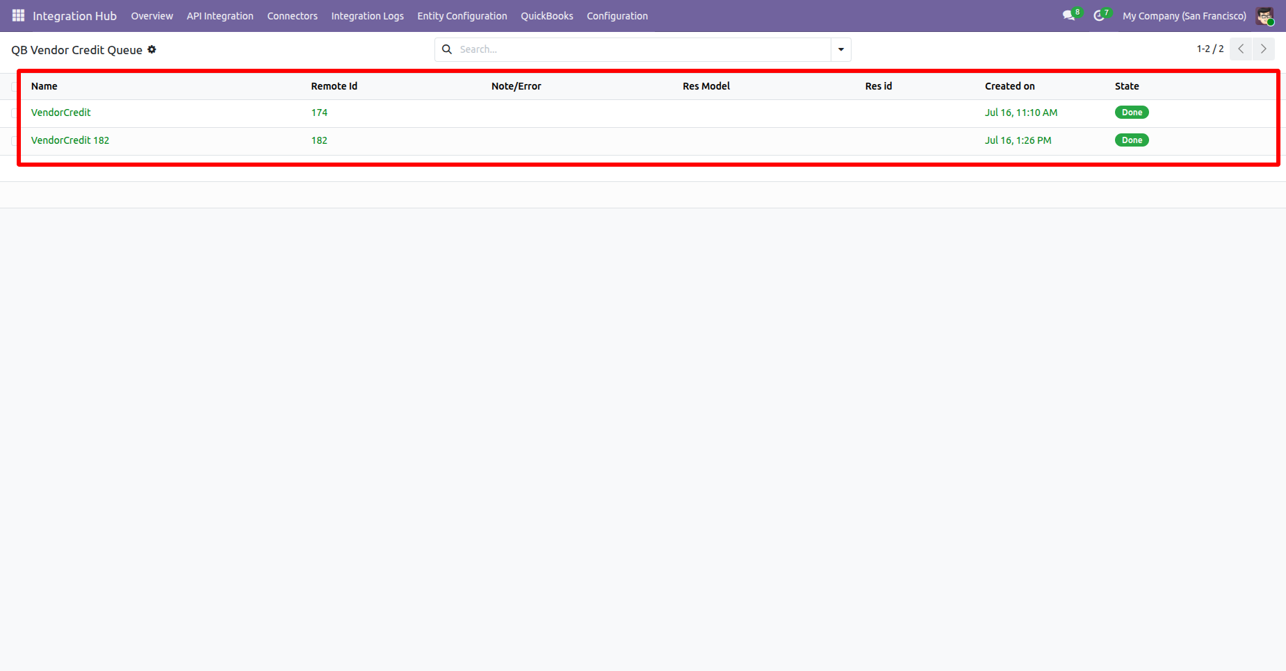 Vendor Credit Queue showing imported records.