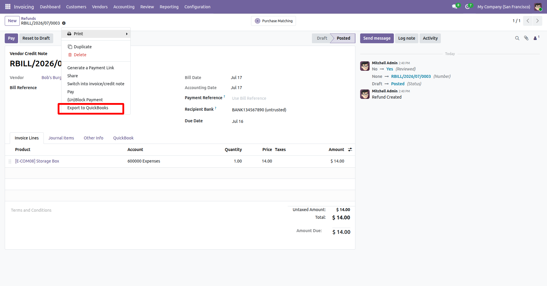 Refund form with the QuickBooks export option.
