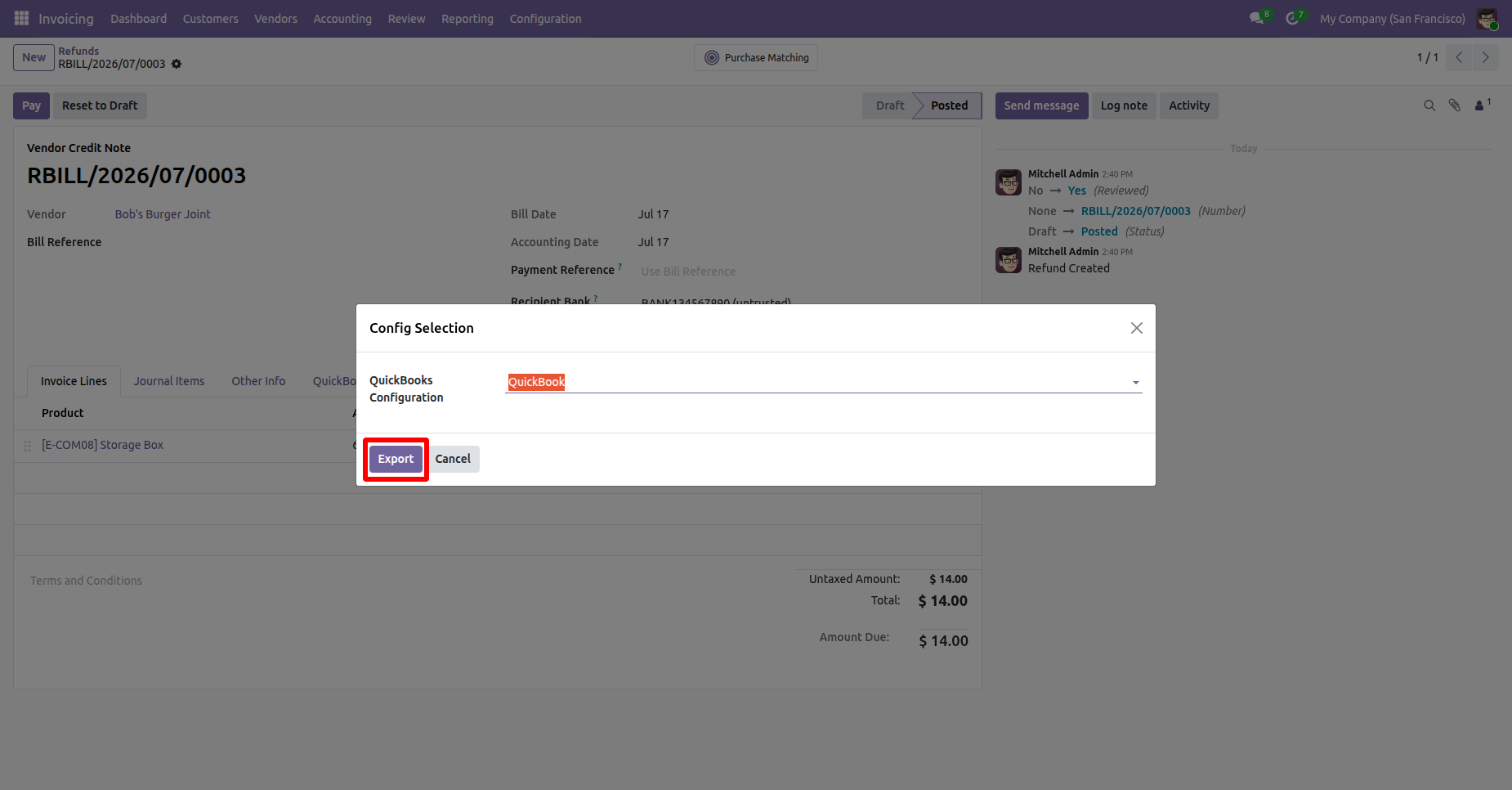 QuickBooks configuration selected for export.