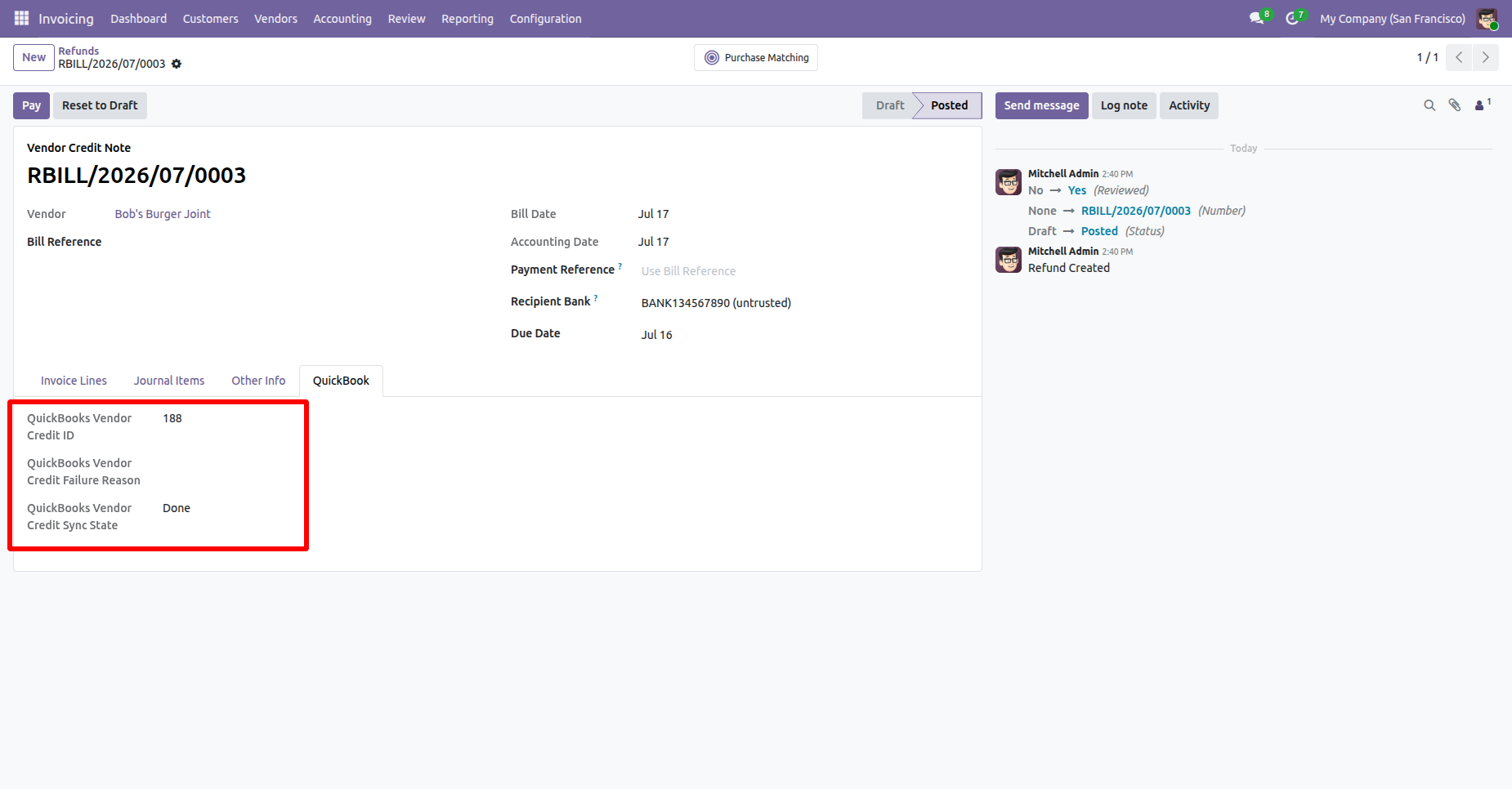 Refund showing QuickBooks vendor credit details.