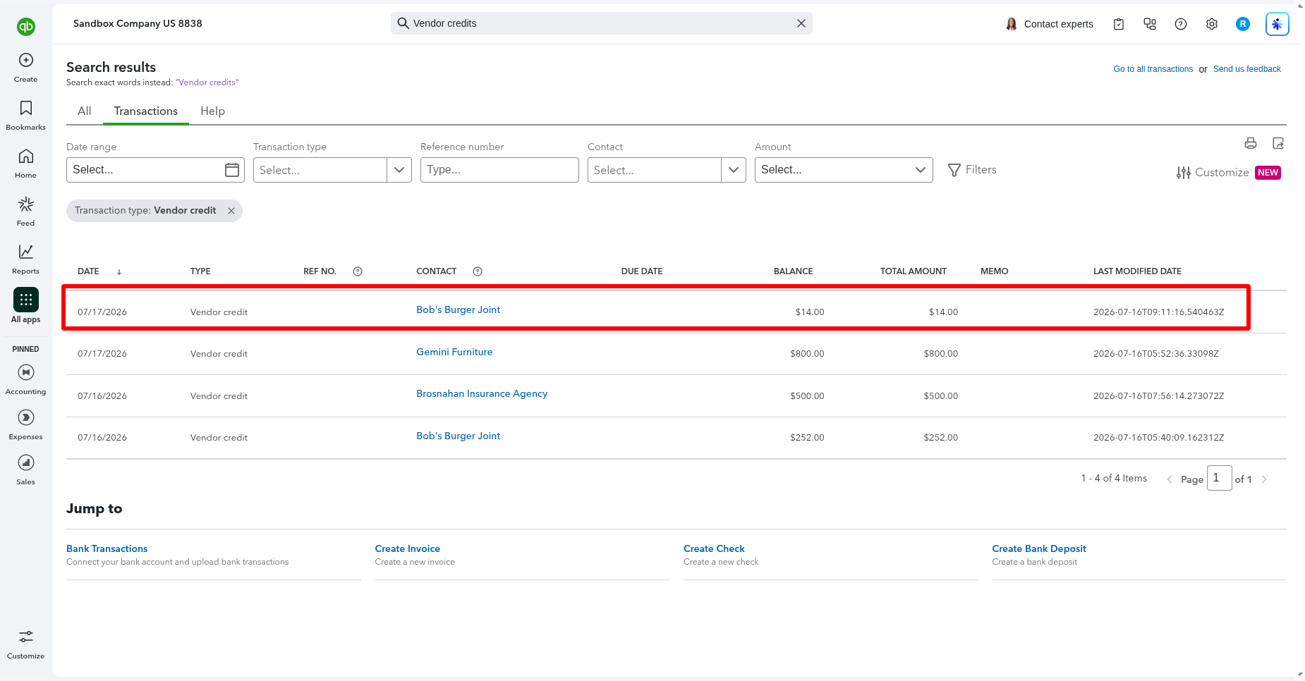 Vendor Credit Note visible in QuickBooks.