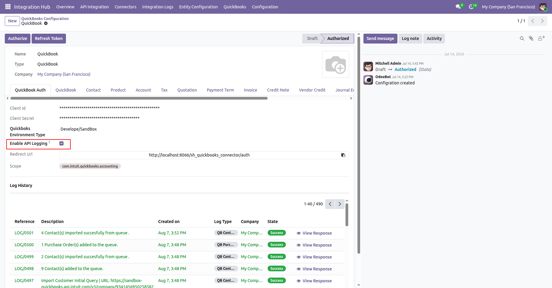 QuickBooks configuration with API logging enabled.