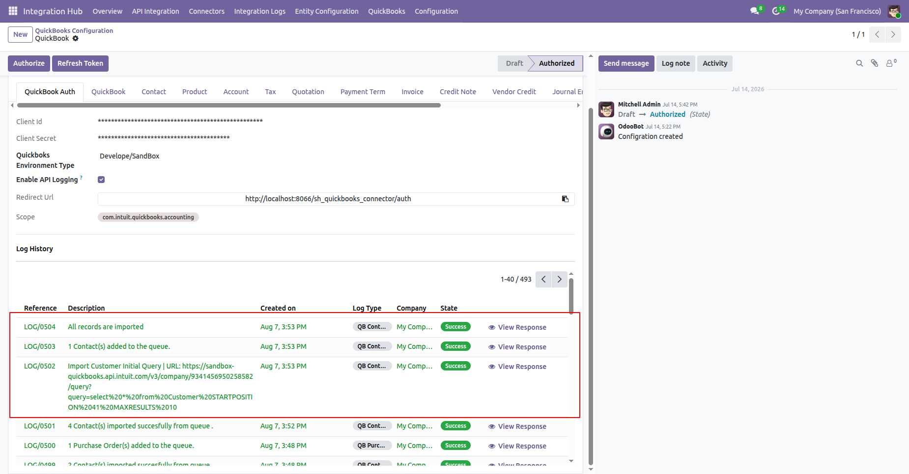 Log history showing imported data with details.