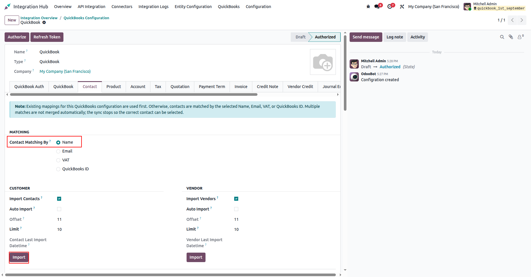 Contact matching settings in QuickBooks configuration.