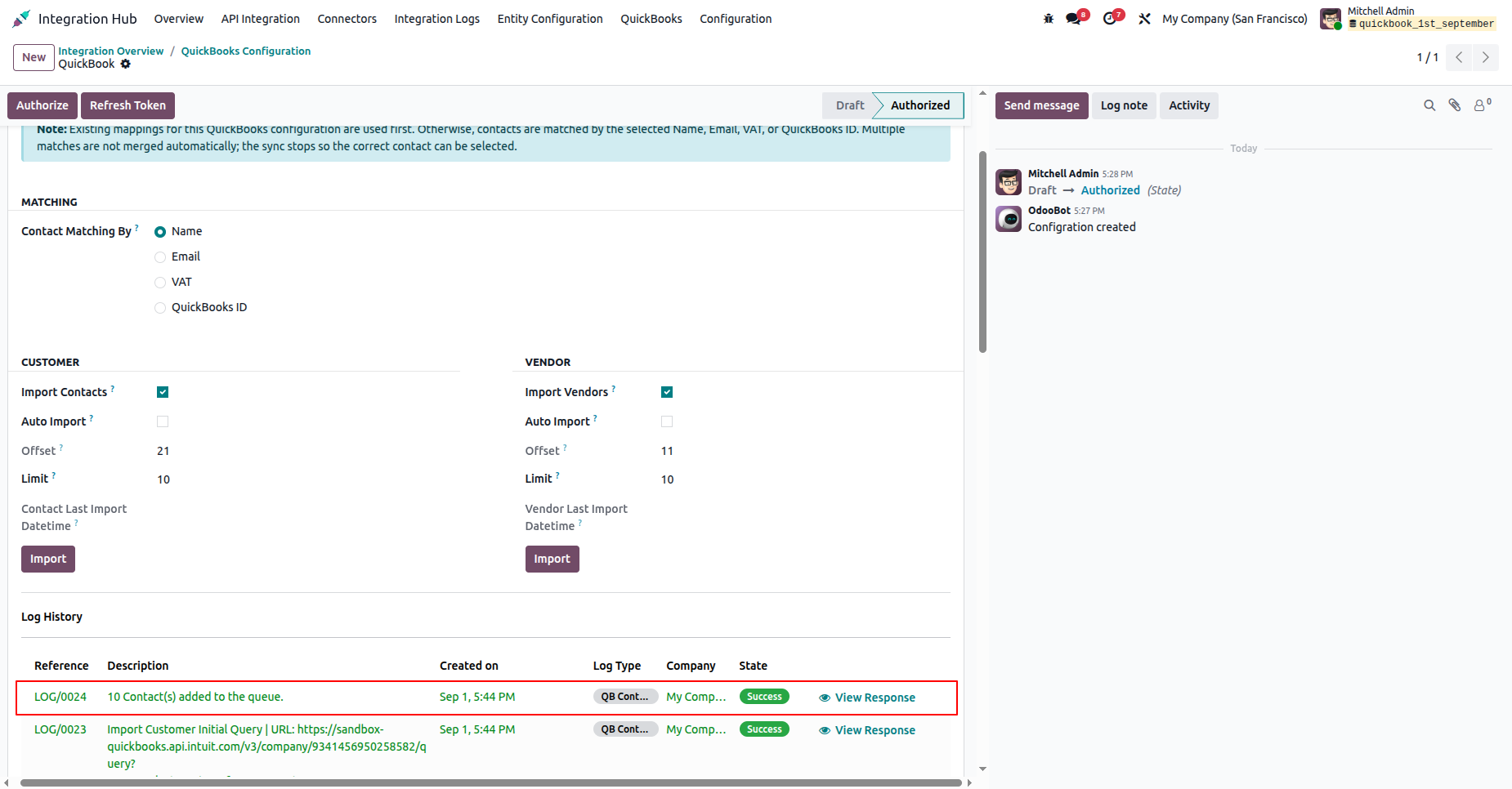 Log history showing imported contact data.