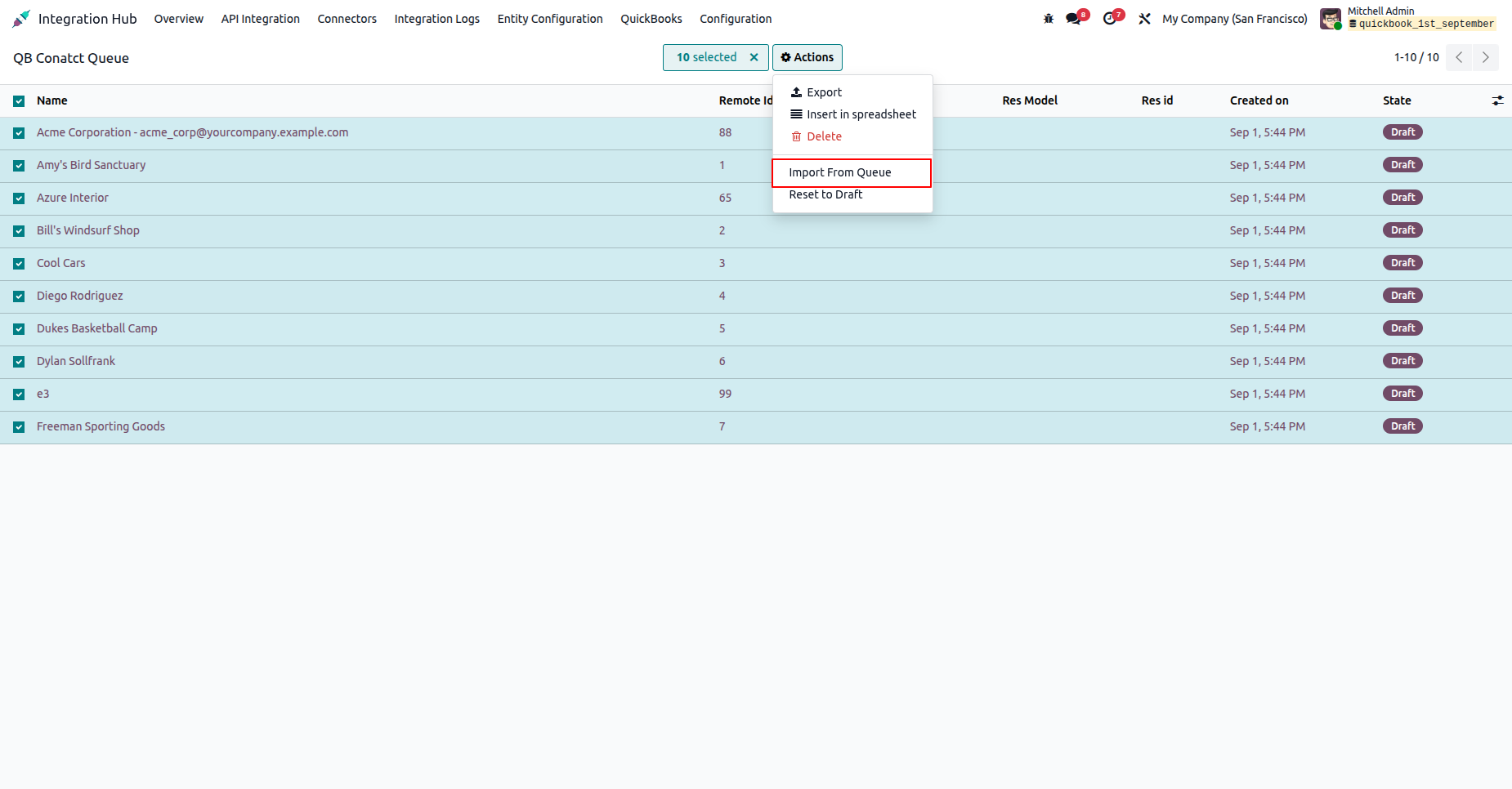 QuickBooks Contact Queue with the import option selected.